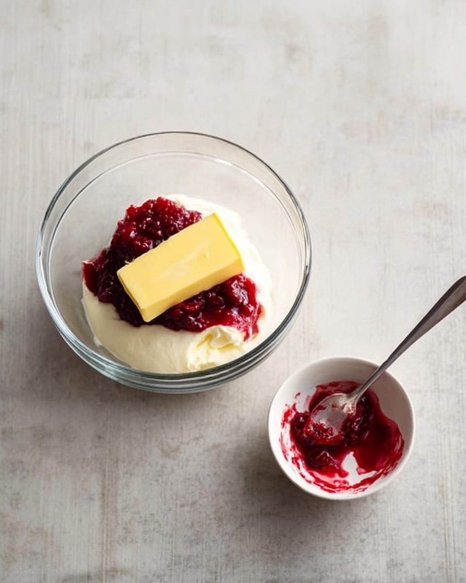 A clear glass bowl sits on a white marbled surface, holding three distinct layers: a thick, white creamy layer forming the base, a deep red chunky fruit layer placed on top of the cream, and a smooth stick of yellow butter resting on the red fruit layer. To the side, a small white bowl contains some leftover red fruit mixture with a silver spoon inside it, showing red stains. photo taken with an iphone --ar 4:5 --v 7