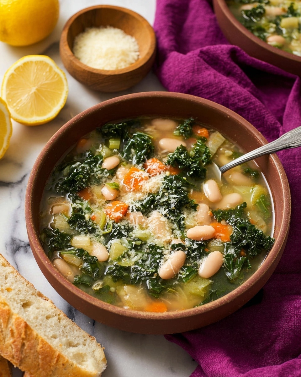 A bowl filled with a light broth soup containing visible layers of white beans, dark green kale leaves, orange carrot pieces, and small bits of celery, topped with a sprinkling of grated cheese that adds a pale yellow layer on top. The soup's surface is glossy with a few drops of olive oil. The brown bowl is placed on a white marbled surface, next to a deep purple cloth, two lemon halves with a bright yellow color, a small wooden bowl of finely grated cheese, and two pieces of crusty bread with a light golden crust. A spoon rests inside the soup bowl. Photo taken with an iphone --ar 4:5 --v 7