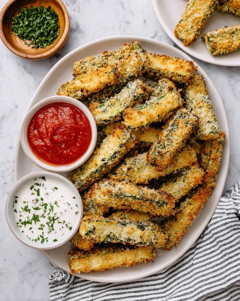 A white oval plate is filled with a single layer of golden-brown, crunchy zucchini sticks, each coated in a textured breadcrumb crust with visible parsley flakes. On the left side of the plate, two small white round bowls hold thick dipping sauces, one bright red and chunky, the other creamy white with green herb sprinkles. In the upper part of the image, there is a small wooden bowl with finely chopped green herbs. To the right, a smaller white round plate carries a few more zucchini sticks. The background is a white marbled texture, and a striped white and black towel is partially visible in the lower right corner. Photo taken with an iphone --ar 4:5 --v 7