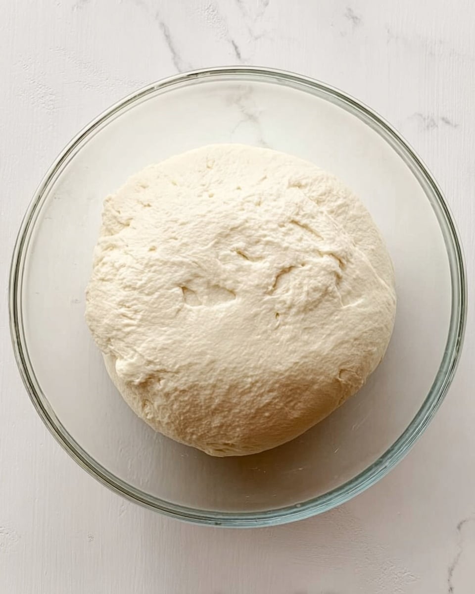 A round, smooth ball of pale dough with a slightly bumpy texture sits in the center of a clear glass bowl. The dough looks soft and elastic, filling most of the bowl but leaving some space around the edges. The bowl is placed on a white marbled surface. Photo taken with an iphone --ar 4:5 --v 7