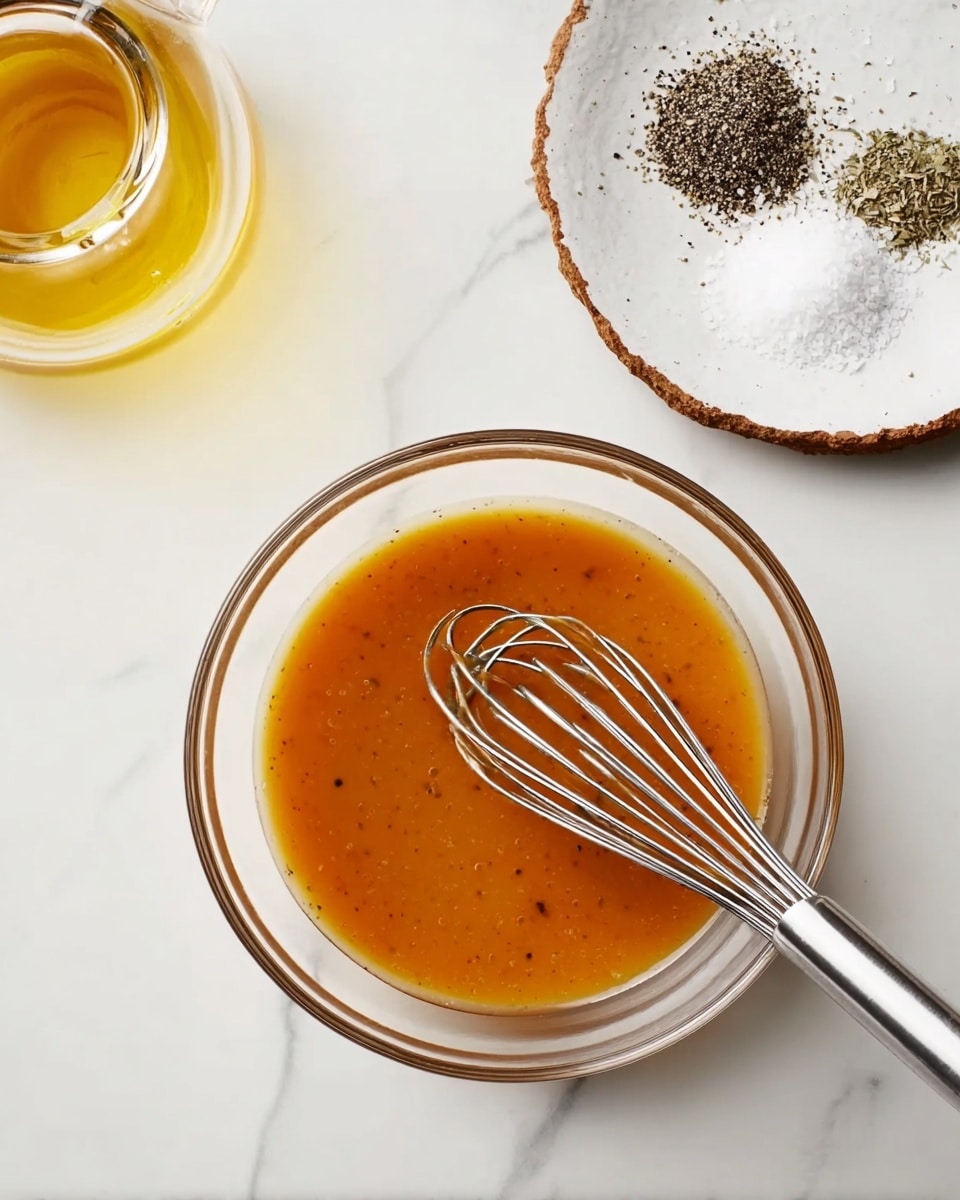 A clear glass bowl sits on a white marbled surface, filled with one layer of orange-brown sauce that looks smooth with small darker specks. Inside the bowl, a shiny silver whisk rests diagonally, half covered in the sauce, with its handle pointing towards the bottom right. To the top right of the bowl, there is a small white plate with a rough edge holding two piles: one of white salt and another of black pepper. Above that, part of a transparent glass container holding a golden liquid is visible. The photo taken with an iphone --ar 4:5 --v 7