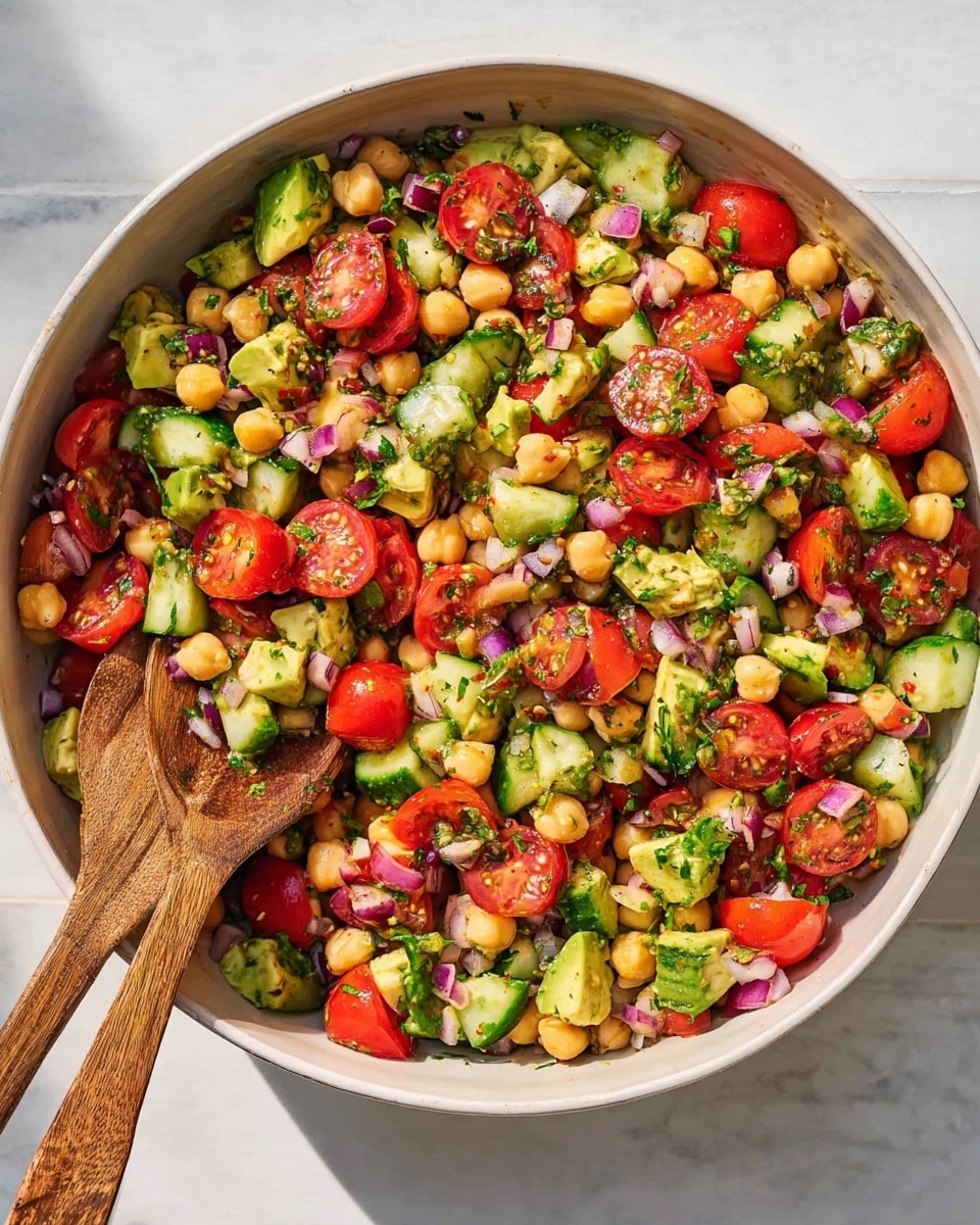 A large bowl filled with a colorful salad made of bright red cherry tomato halves, light green avocado chunks, creamy beige chickpeas, dark green cucumber pieces, small cubes of purple red onion, and scattered small bits of fresh green herbs mixed throughout. There are two wooden spoons resting inside the bowl on the left side, partially buried in the salad. The bowl is a plain white color and sits on a white marbled surface with soft natural light casting gentle shadows. photo taken with an iphone --ar 4:5 --v 7