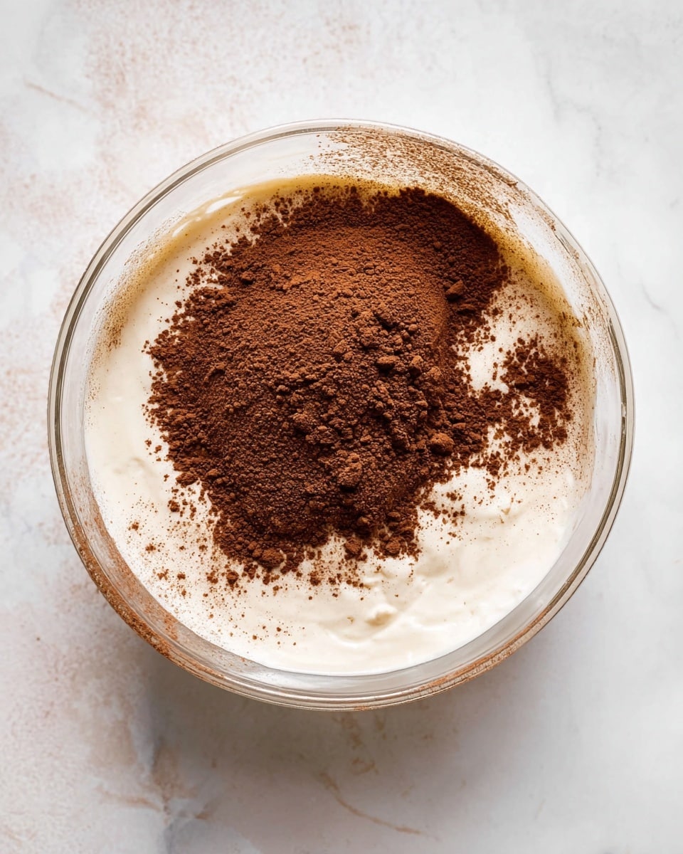 The image shows a clear glass bowl on a white marbled surface containing two layers. The bottom layer is a smooth, creamy off-white mixture filling most of the bowl. On top of this layer is a pile of rich brown cocoa powder in the center, with some powder spread outwards, creating a textured, slightly rough pattern blending into the cream. The edges of the bowl have some small splashes of the cream mixture. photo taken with an iphone --ar 4:5 --v 7