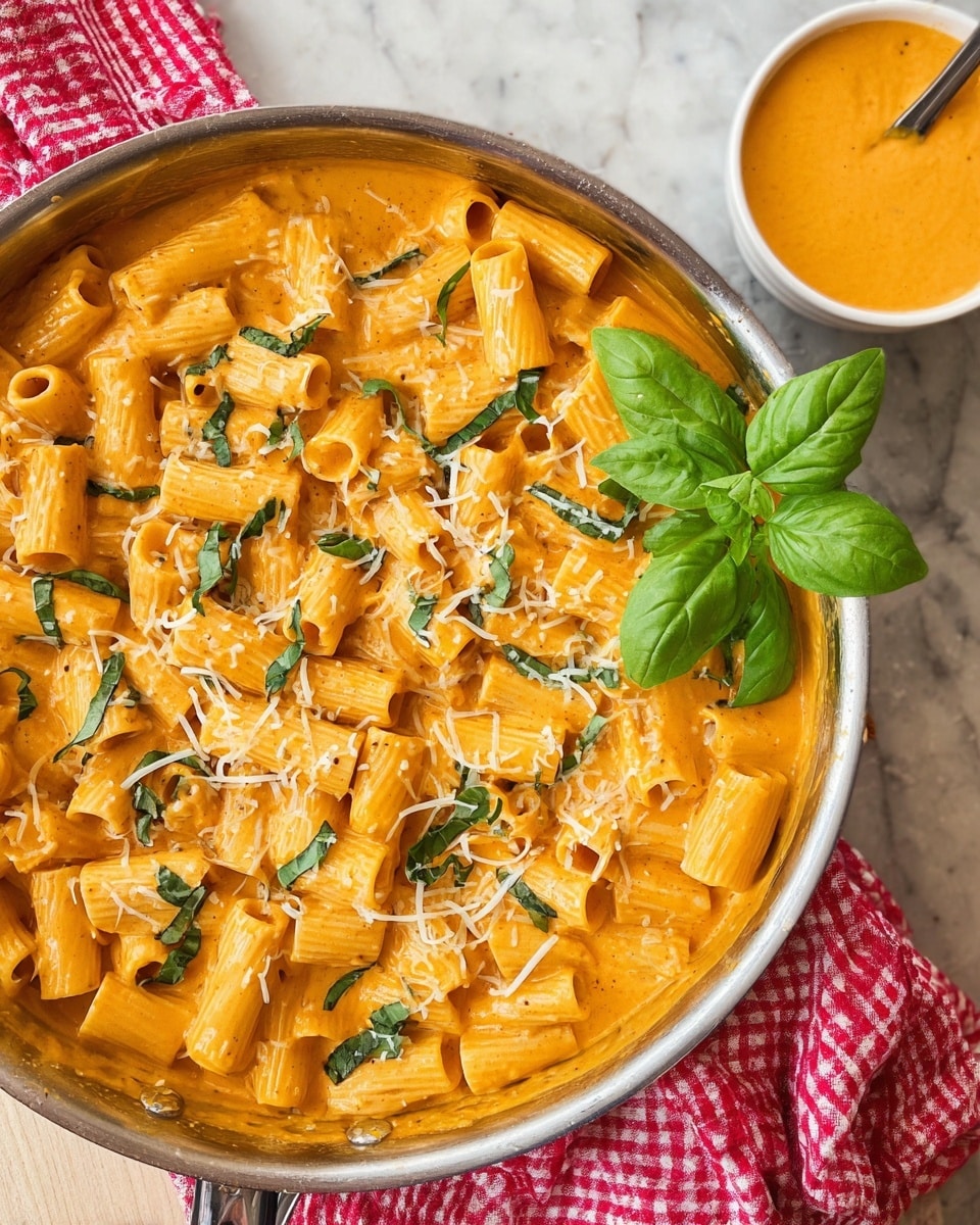 A silver pan filled with one layer of rigatoni pasta covered in a thick, creamy orange sauce with a smooth texture. The pasta is sprinkled with small pieces of shredded white cheese and thin slices of dark green basil leaves evenly spread on top. On the right side of the pan, there is a cluster of three fresh, whole dark green basil leaves. In the top right corner, a small bowl with a creamy orange sauce is placed on a white marbled surface next to the pan. A red and white checkered cloth is partially visible under the pan on the right side. Photo taken with an iphone --ar 4:5 --v 7