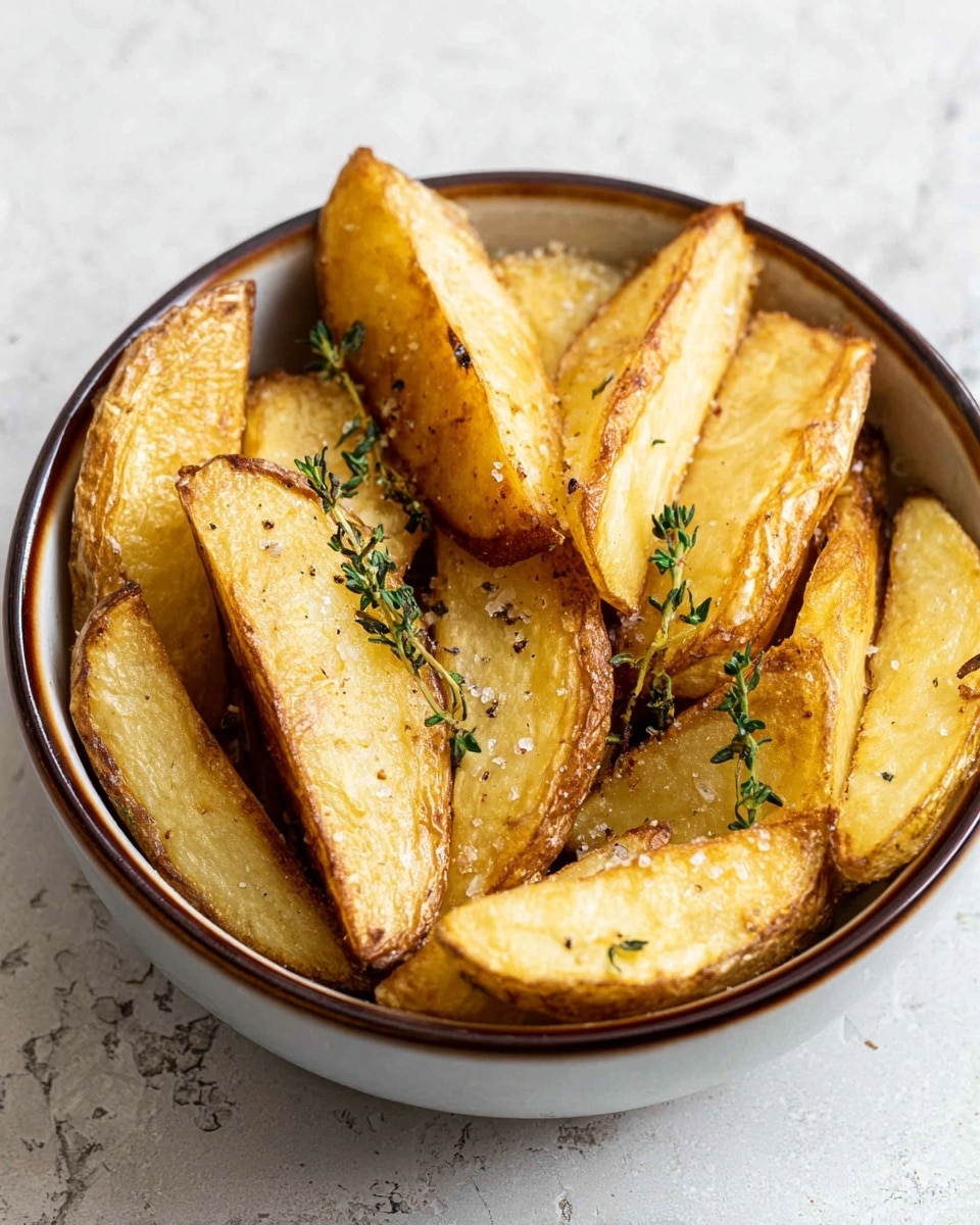 The image shows a bowl filled with golden roasted potato wedges that have crispy, light brown edges and soft yellow centers. The bowl is white with a dark brown rim. There are some coarse salt crystals and black pepper sprinkled on the potato wedges, adding texture. A few small green thyme sprigs lay across the top of the wedges. The bowl sits on a white marbled textured surface. The scene is well-lit, highlighting the warm colors and textures of the potato wedges photo taken with an iphone --ar 4:5 --v 7