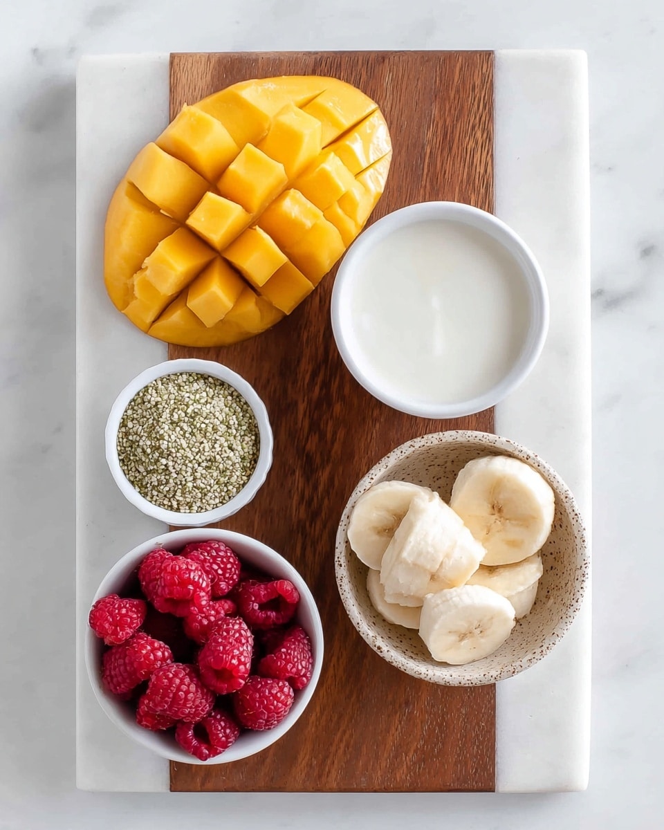 A rectangular white marble board with a wooden inlay section contains an array of fresh ingredients. On the upper left, a sliced mango is presented with its bright orange-yellow flesh cut into cube shapes but still attached to the skin, showing a textured, grid-like pattern. To the right of the mango is a small white bowl filled with smooth white coconut milk. Below the mango, another small white bowl holds a cluster of deep red, plump raspberries with their characteristic bumpy texture. At the bottom right, a speckled beige and white bowl contains several thick round banana slices, smooth and light yellow. Finally, to the left of the banana bowl, a small white container is filled with pale green hemp seeds that have a natural, granular texture. The entire arrangement is set on a clean white marbled surface. photo taken with an iphone --ar 4:5 --v 7