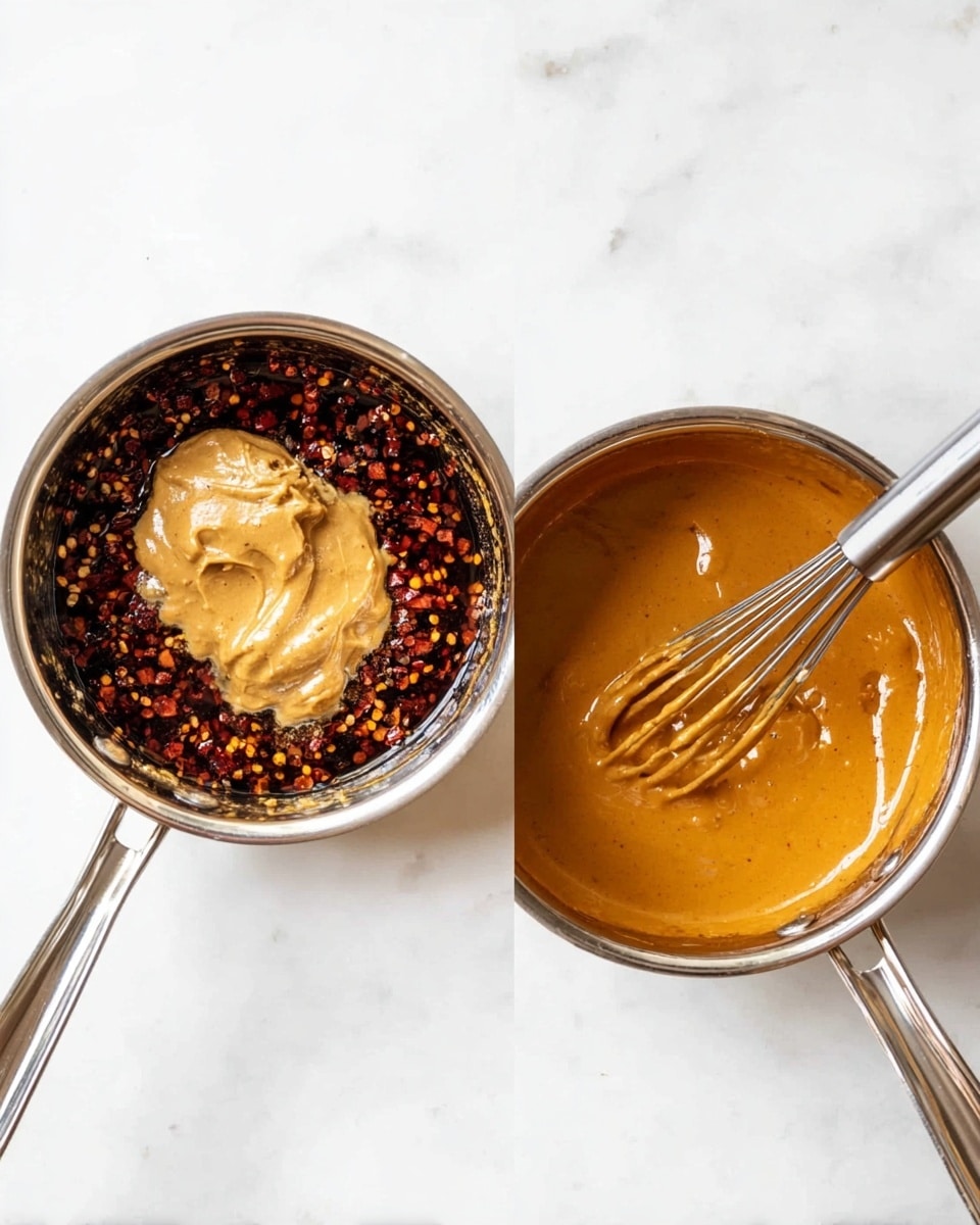 The image shows two pots on a white marbled surface. The pot on the left contains dark brown liquid mixed with red chili flakes and a large dollop of light tan peanut butter sitting on top, creating layers of textured dark specks and smooth creamy peanut butter. The pot on the right contains a smooth, rich orange-brown sauce being stirred with a silver whisk, showing a glossy, even texture with no separate layers. Both pots have shiny metal handles. Photo taken with an iphone --ar 4:5 --v 7
