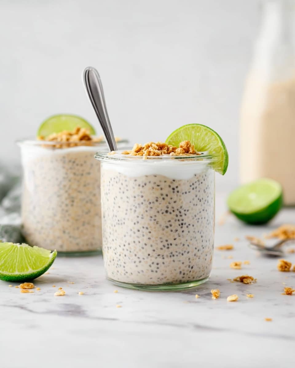 Two clear glass jars filled with a creamy light beige pudding speckled with tiny black chia seeds sit on a white marbled surface. Each jar has a topping of white yogurt layered near the rim, with a lime wedge placed on one side and a small cluster of golden brown granola on the other side. A silver spoon stands upright inside the jar in the foreground. In the blurred background, there is another jar with similar layers and a tall bottle with a pale liquid. Scattered granola pieces and lime slices lie around on the white marbled surface. Photo taken with an iphone --ar 4:5 --v 7