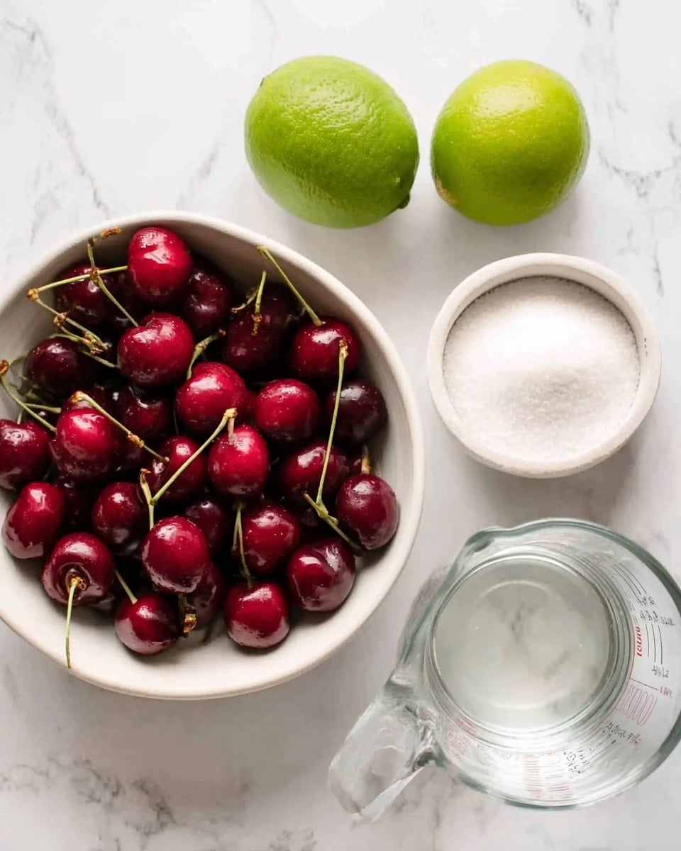 The image shows a white bowl on a white marbled surface filled with red cherries with shiny skins and green stems. To the right, there is a small white bowl containing coarse salt. Above the cherries, there is a medium white bowl filled with granulated white sugar. To the left of the sugar bowl, two whole green limes are placed side by side. Below the limes, there is a clear glass measuring cup half-filled with water. The setup is neat and evenly spaced. Photo taken with an iphone --ar 4:5 --v 7