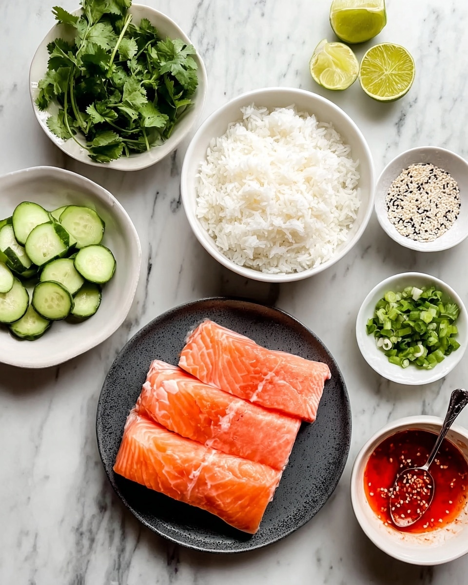 The image shows a white marbled surface with several white bowls and a dark grey plate arranged on it. The dark grey plate holds four pieces of raw salmon with pink-orange color and pale lines running through the flesh, placed overlapping each other. In the center, there is a white bowl filled with fluffy white rice showing soft texture. Around it, smaller white bowls hold green cucumber slices, fresh cilantro leaves, bright lime wedges, black and white sesame seeds, and chopped green onions. A spoon on the right side has bright red sauce with visible chili seeds. The colors are fresh and vibrant, with a clean and organized layout. Photo taken with an iphone --ar 4:5 --v 7