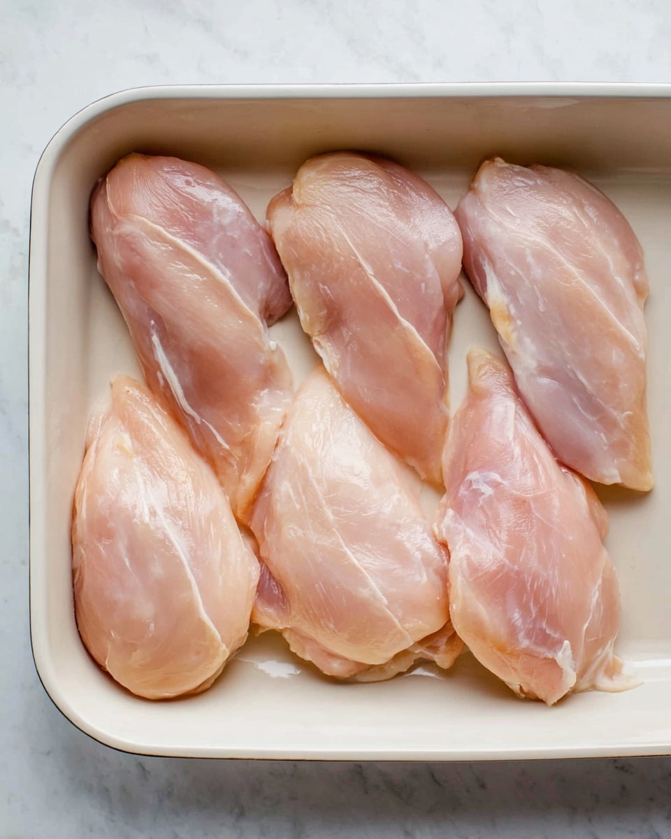 Four raw chicken pieces are lined up side by side inside a white ceramic baking dish. Each piece is pale pink with a shiny, smooth texture, showing slight natural muscle lines and thin white fat streaks. The baking dish sits on a white marbled surface. photo taken with an iphone --ar 4:5 --v 7