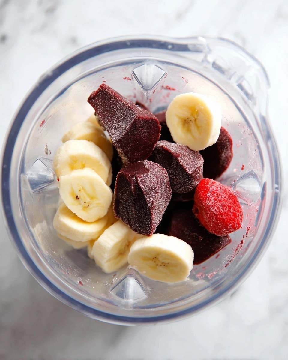 The image shows the inside of a clear blender jar filled with layers of sliced yellow banana pieces, dark reddish-brown frozen acai chunks, and one small red frozen strawberry near the bottom. The banana slices are placed mostly on top of the acai chunks, which have a smooth but somewhat dense texture. The strawberry has a frosty appearance. The blender sits on a white marbled surface. Photo taken with an iphone --ar 4:5 --v 7