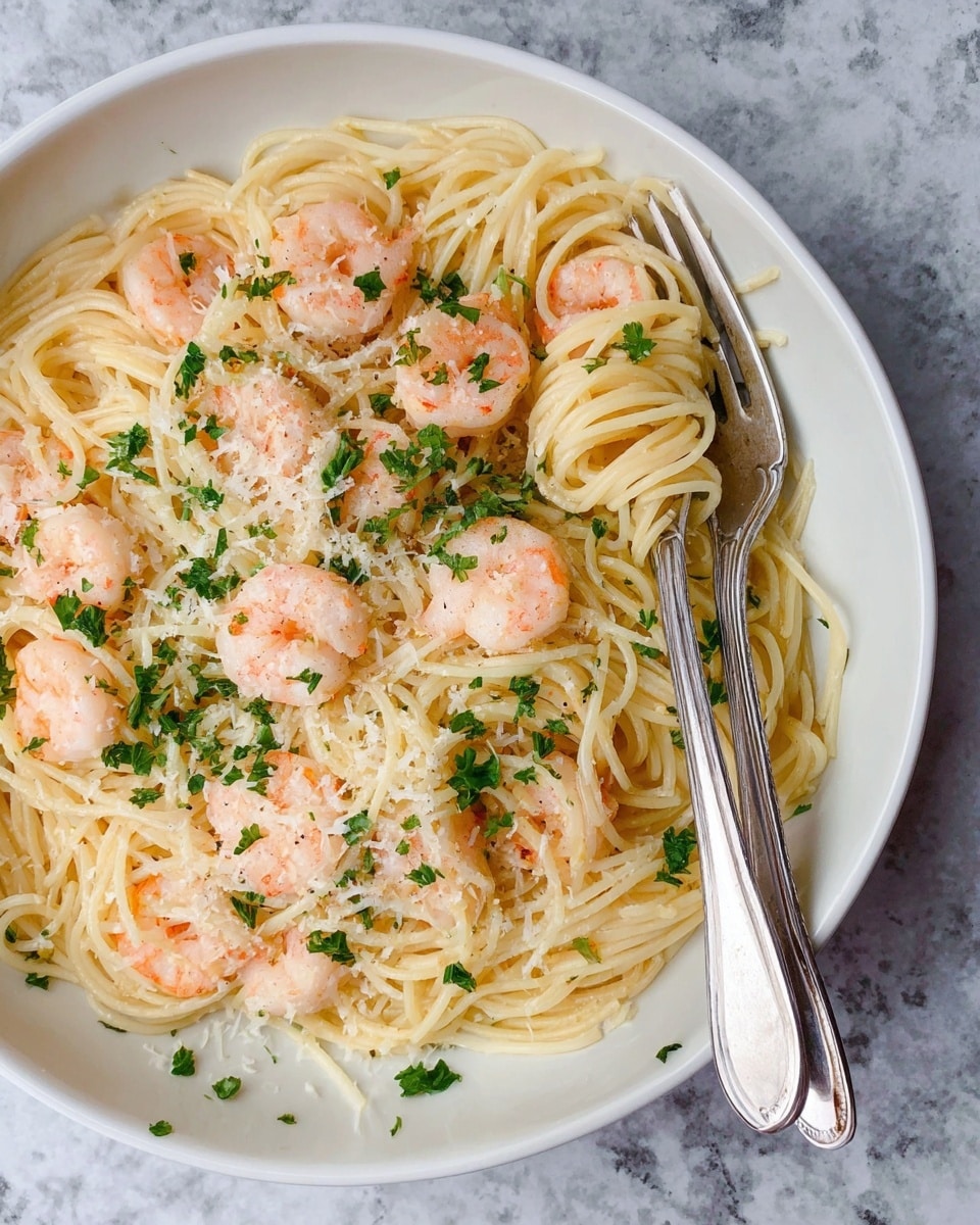 A white plate filled with a layer of thin spaghetti pasta, pale yellow in color, topped with several pieces of cooked shrimp that are light pink and slightly curled. The pasta and shrimp are sprinkled with finely grated pale cheese and scattered small pieces of fresh green parsley on top. Two silver forks are placed on the right side of the plate resting on the noodles. The plate sits on a surface with a white marbled texture photo taken with an iphone --ar 4:5 --v 7