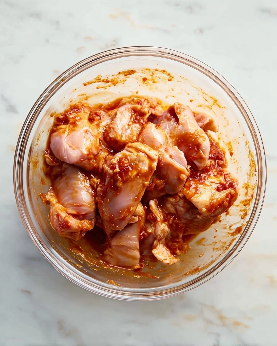 A clear glass bowl sits on a white marbled surface, filled with raw chicken pieces coated in a reddish-brown sauce. The chicken layers have a pale pink color underneath the sauce, with the sauce showing a slightly thick, uneven texture and spreading unevenly around the chicken. The bowl has some sauce splashes on its inside edges, and the background remains clean and white marbled. photo taken with an iphone --ar 4:5 --v 7