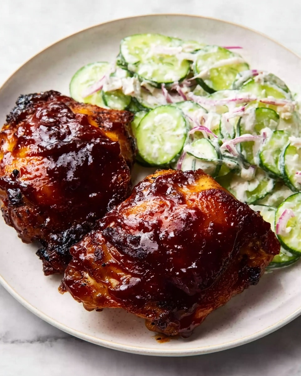 The image shows two pieces of grilled chicken thighs with a dark, shiny, sticky barbecue sauce layer covering the top, making them look glazed and slightly charred at the edges. Next to the chicken, there is a side of cucumber salad with thin green cucumber slices coated in a creamy white dressing with small bits of purple onion mixed in. The food is served on a simple white plate, placed on a white marbled surface. The photo taken with an iphone --ar 4:5 --v 7