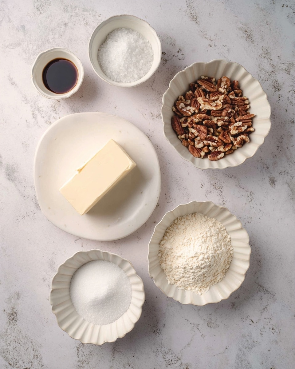The image shows six small white bowls arranged on a white marbled surface. In the center is a white plate holding a block of cream-colored butter with smooth texture. Above and to the right is a white bowl filled with chopped brown nuts, mixed with lighter pieces. Below and to the right of the butter is a scalloped white bowl filled with a fine, off-white powder that looks like flour. Below and to the left is another white scalloped bowl holding a white powdery substance that resembles powdered sugar. Above this, slightly to the left, is a small white bowl with coarse white salt. Above and closest to the top edge is a small white bowl containing a dark brown liquid. The setup is neat and evenly spaced with a soft, natural light. Photo taken with an iphone --ar 4:5 --v 7
