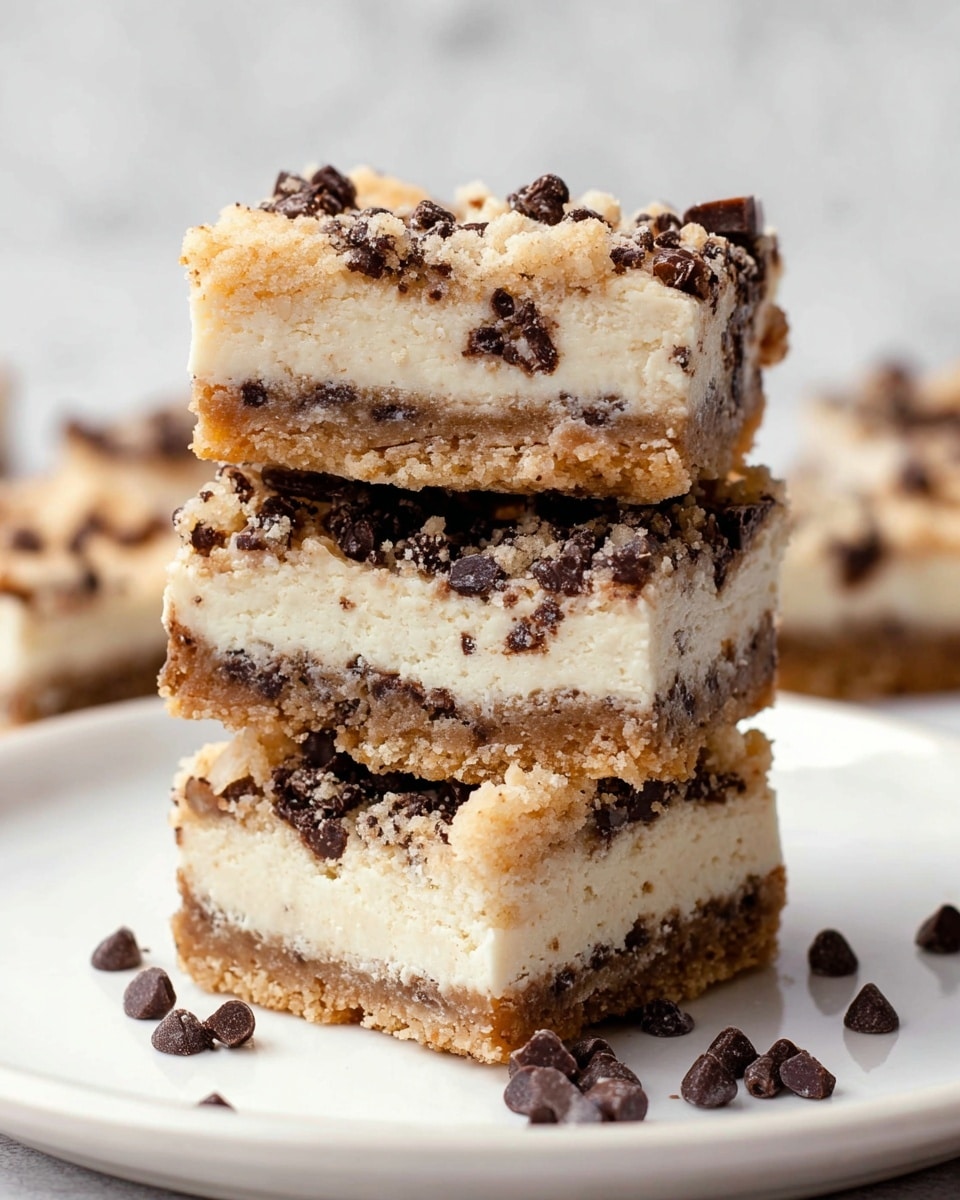 The image shows three square bars stacked on a white plate with a few chocolate chips around. Each bar has three layers: a crumbly brown base, a thick creamy white middle, and a top layer filled with crumbly bits and small dark chocolate chips. The bars have a soft and crumbly texture, with the chocolate chips scattered unevenly on the top. The background is a white marbled surface, creating a clean and simple look. photo taken with an iphone --ar 4:5 --v 7