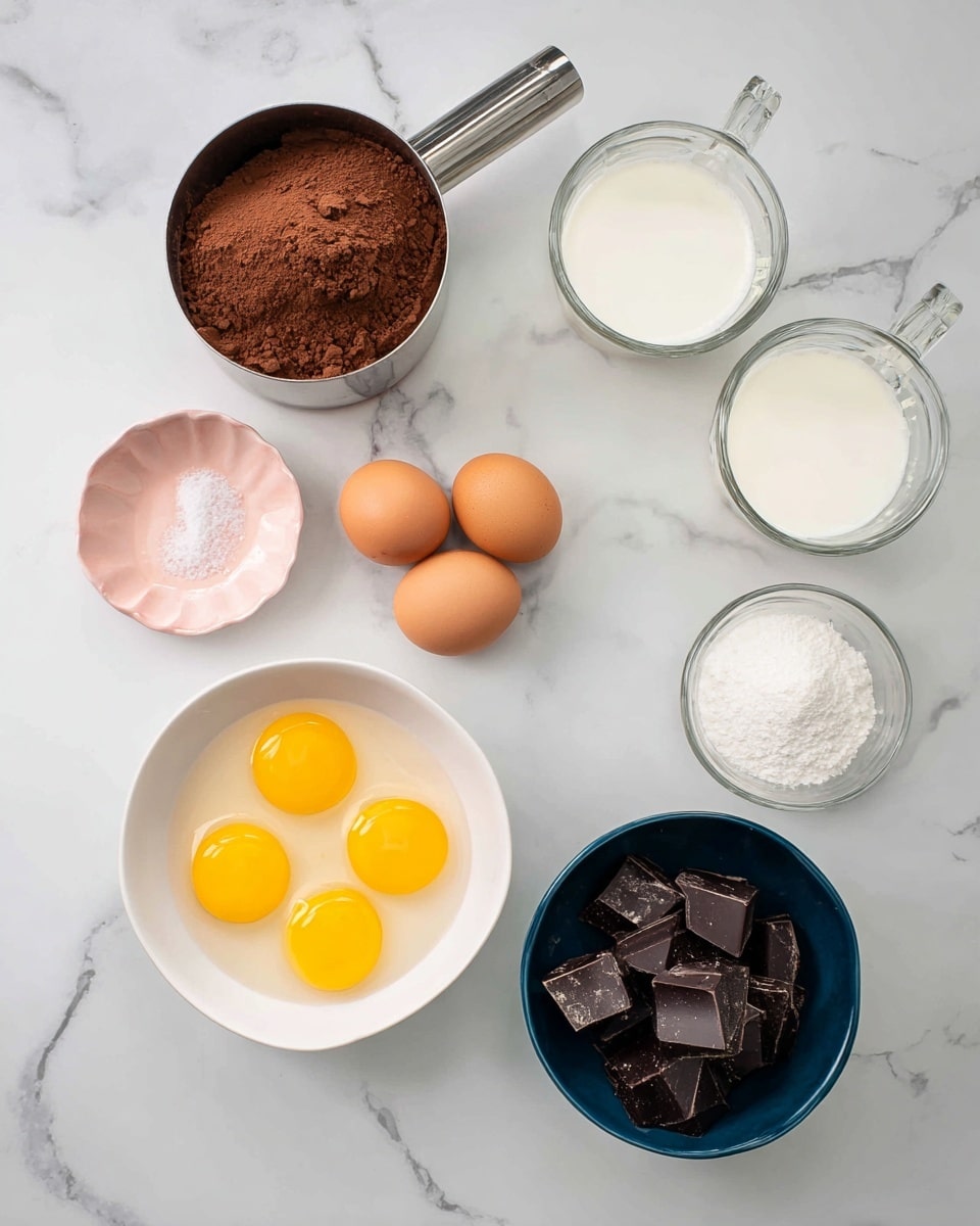 The image shows various ingredients on a white marbled surface. In the top middle, there is a metal measuring cup filled with brown cocoa powder. Next to it on the left is a small pink dish holding some salt. Below these, there is a white bowl with five bright yellow egg yolks. To the right, two glass measuring cups contain white milk, placed one slightly above the other. At the bottom right, a small white bowl holds several pieces of dark chocolate chunks. Near the center bottom, a dark blue bowl is filled with white granulated sugar. All items are neatly arranged with clear colors and textures visible. Photo taken with an iphone --ar 4:5 --v 7