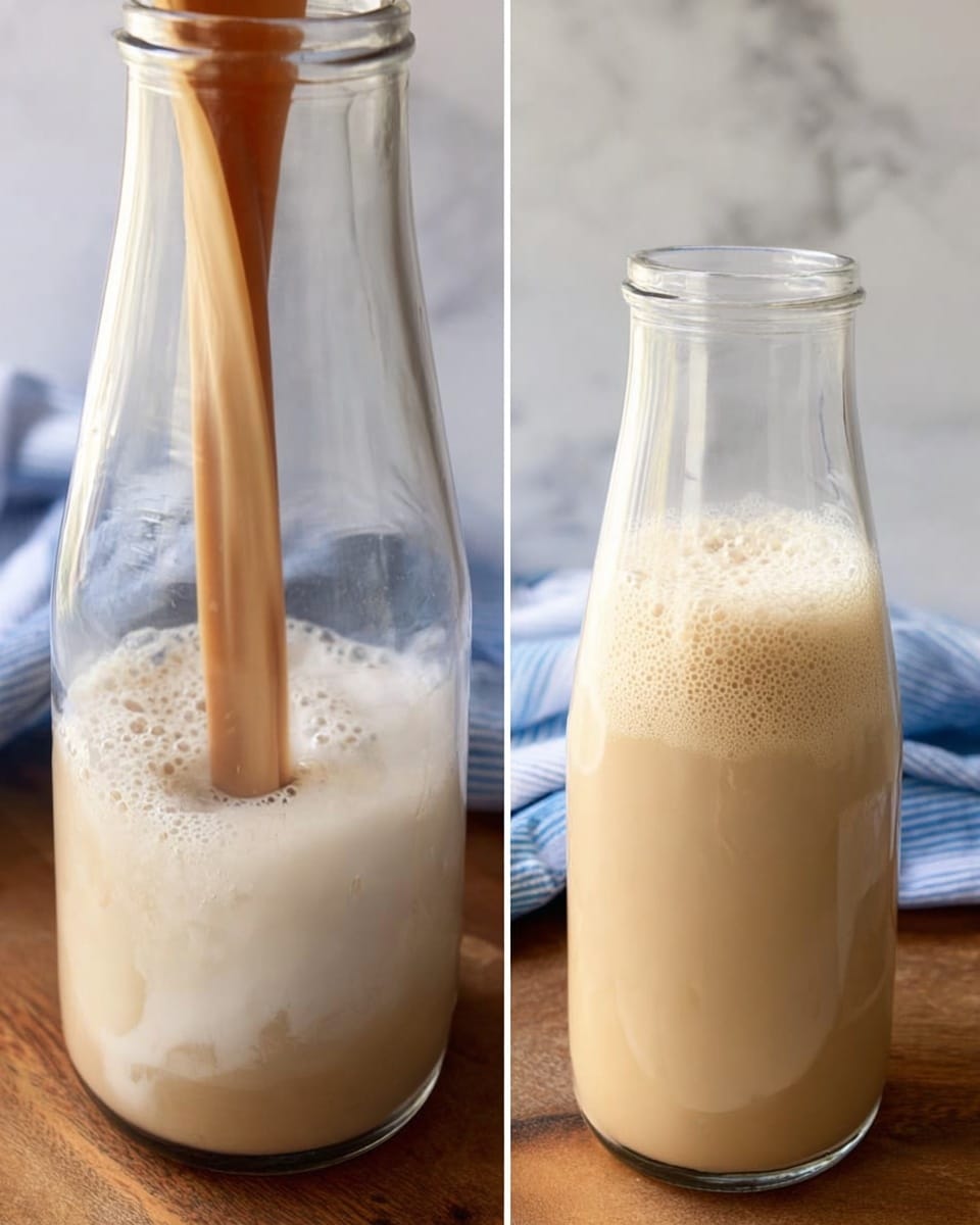 The image shows a clear glass bottle with a soft white and light brown creamy liquid inside. The left side captures the moment the light brown layer is pouring into the bottle to mix with the frothy white layer at the bottom. The right side shows the bottle filled with a creamy beige liquid with bubbles on top, placed on a wood surface with a white and blue cloth in the background and a white marbled texture underneath. photo taken with an iphone --ar 4:5 --v 7