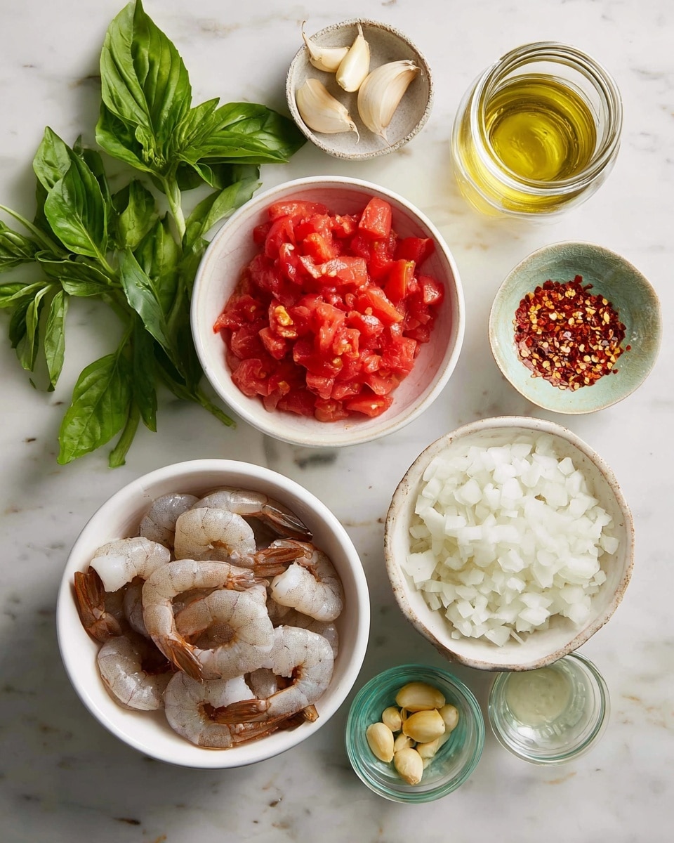 A top view of several small white bowls on a white marbled surface, each holding different ingredients; one bowl in the center has raw shrimp with a light brown shell and semi-transparent white flesh, above it a white bowl is filled with bright red chopped tomatoes, to the left another white bowl contains finely chopped white onions. Around the bowls are fresh bright green basil leaves, a small glass jar with red chili flakes, two small glass bowls with minced garlic and ginger, some whole garlic cloves, and a glass jar of clear liquid, likely water or vinegar. Photo taken with an iphone --ar 4:5 --v 7
