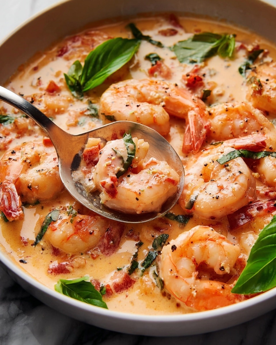 The image shows a close-up of cooked shrimp in a creamy light orange sauce, with small pieces of red and white ingredients mixed in. The shrimp are large, curled, and pink with some seasoning sprinkled on top. Bright green basil leaves are scattered around as garnish. The shrimp and sauce fill a white bowl, and a silver spoon is scooping up several shrimp and some sauce from the bowl. The background surface has a white marbled texture. Photo taken with an iphone --ar 4:5 --v 7
