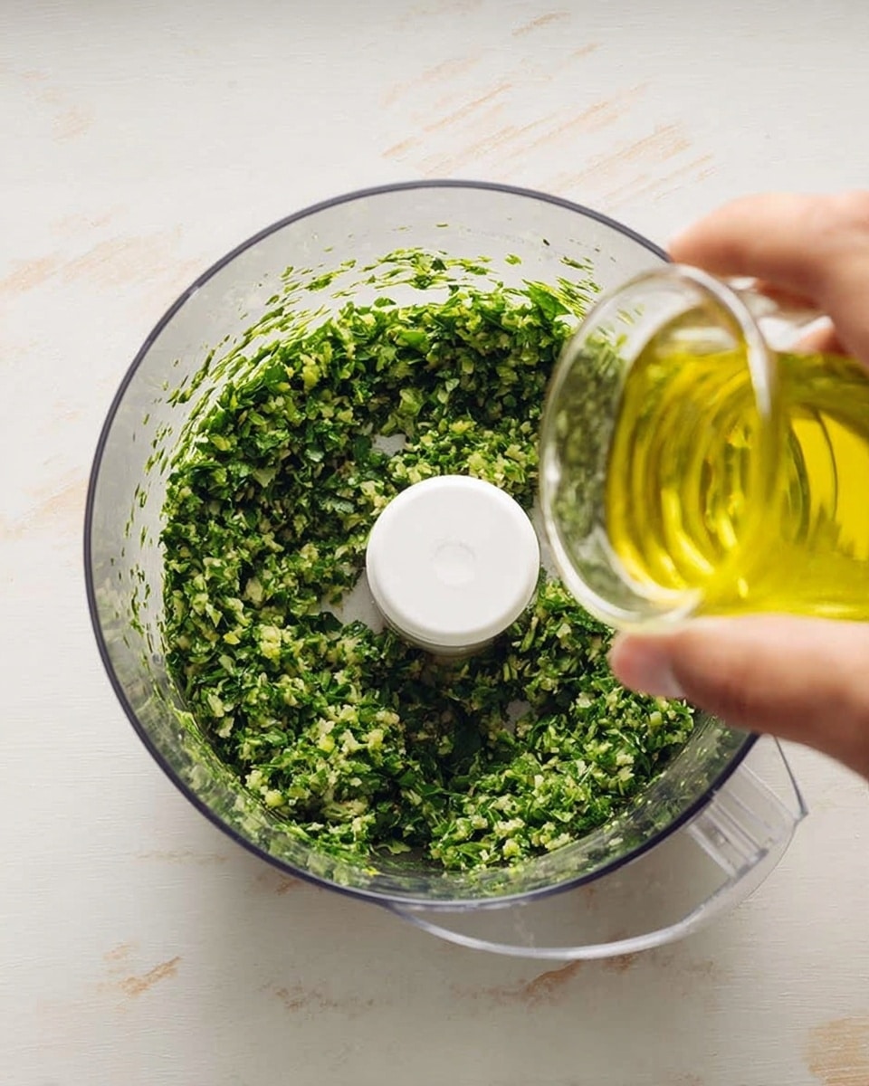 A clear glass food processor bowl filled with a finely chopped green herb mixture, showing various shades of green and a slightly coarse texture. Above the bowl, a woman's hand is holding a clear small glass container filled with light yellow olive oil, poised to pour it into the herb mixture. The setup is placed on a white marbled textured surface. photo taken with an iphone --ar 4:5 --v 7