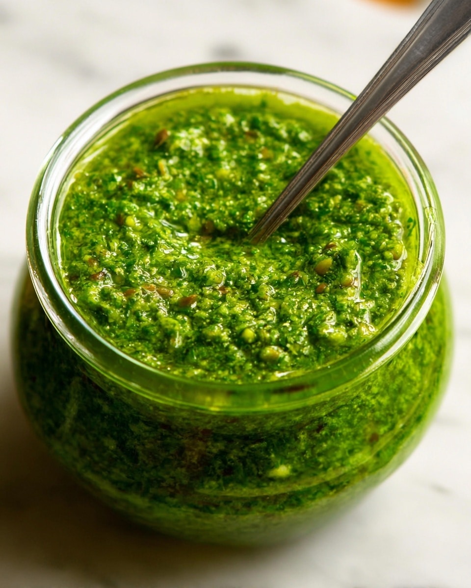 A close-up view of a glass jar filled to the top with bright green pesto sauce, showing a coarse, chunky texture with visible small bits of herbs and nuts. A shiny metal spoon is placed inside the jar, slightly angled towards the upper right. The jar rests on a white marbled surface, and the green sauce has slight oil reflections giving it a fresh look. photo taken with an iphone --ar 4:5 --v 7