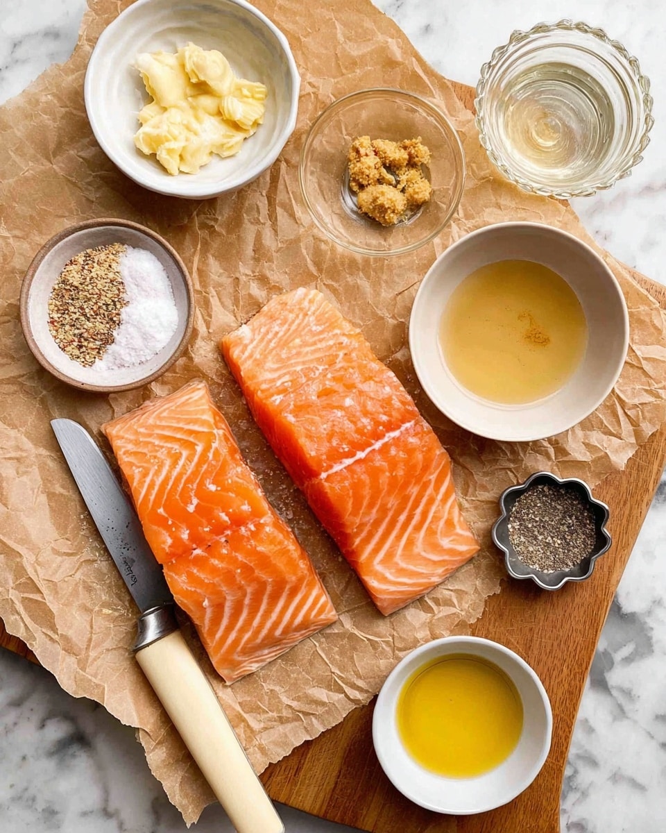 Two raw salmon fillets with bright orange and white lines lie on crumpled brown paper on a wooden cutting board. Around the salmon, there are small white and glass bowls with ingredients: yellow oil, light brown mustard, minced pale yellow garlic, fine white salt, black pepper in a small flower-shaped metal bowl, and a clear liquid. A large silver knife with a light beige handle rests diagonally on the board. The cutting board sits on a white marbled surface. photo taken with an iphone --ar 4:5 --v 7