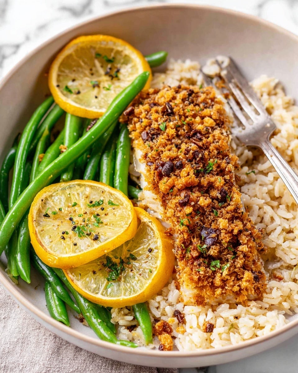 A white bowl with a base layer of light beige cooked rice fills the bottom. On top of the rice, there is a single piece of fish crusted with a chunky, golden-brown nut mix, giving it a rough texture and a rich color. To the side of the fish, bright green steamed green beans with a slight shine rest neatly. Three thin lemon slices with visible black pepper and small green herb bits are placed next to the fish on the rice. A silver fork is partially rested in the bowl on the left side, and the background shows a white marbled texture. photo taken with an iphone --ar 4:5 --v 7