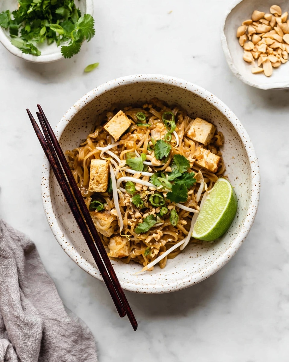 A white speckled bowl filled with a noodle dish containing light brown noodles mixed with small pale tofu cubes and white bean sprouts. On top, there are bright green scallion pieces and fresh cilantro leaves scattered around. A pale green lime wedge is placed on the right side of the bowl. Two dark brown wooden chopsticks rest diagonally on the left side of the bowl. The bowl is set on a white marbled surface with a small white bowl of cilantro and another small white bowl of chopped peanuts nearby. A soft light gray cloth is placed in the bottom left corner of the frame. photo taken with an iphone --ar 4:5 --v 7
