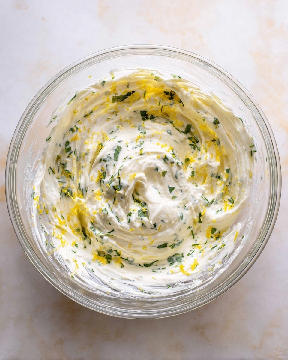 A clear glass bowl sits on a white marbled surface filled with a creamy white mixture that looks soft and smooth. The mixture has small bits of green herbs spread throughout, giving it a speckled look, and there are streaks of bright yellow lemon zest swirled on the top and around the sides. The inside of the bowl has swirled textures where the cream has been mixed, showing soft peaks and dips. The bowl is viewed from above, highlighting the creamy layers and fresh herb details well. photo taken with an iphone --ar 4:5 --v 7