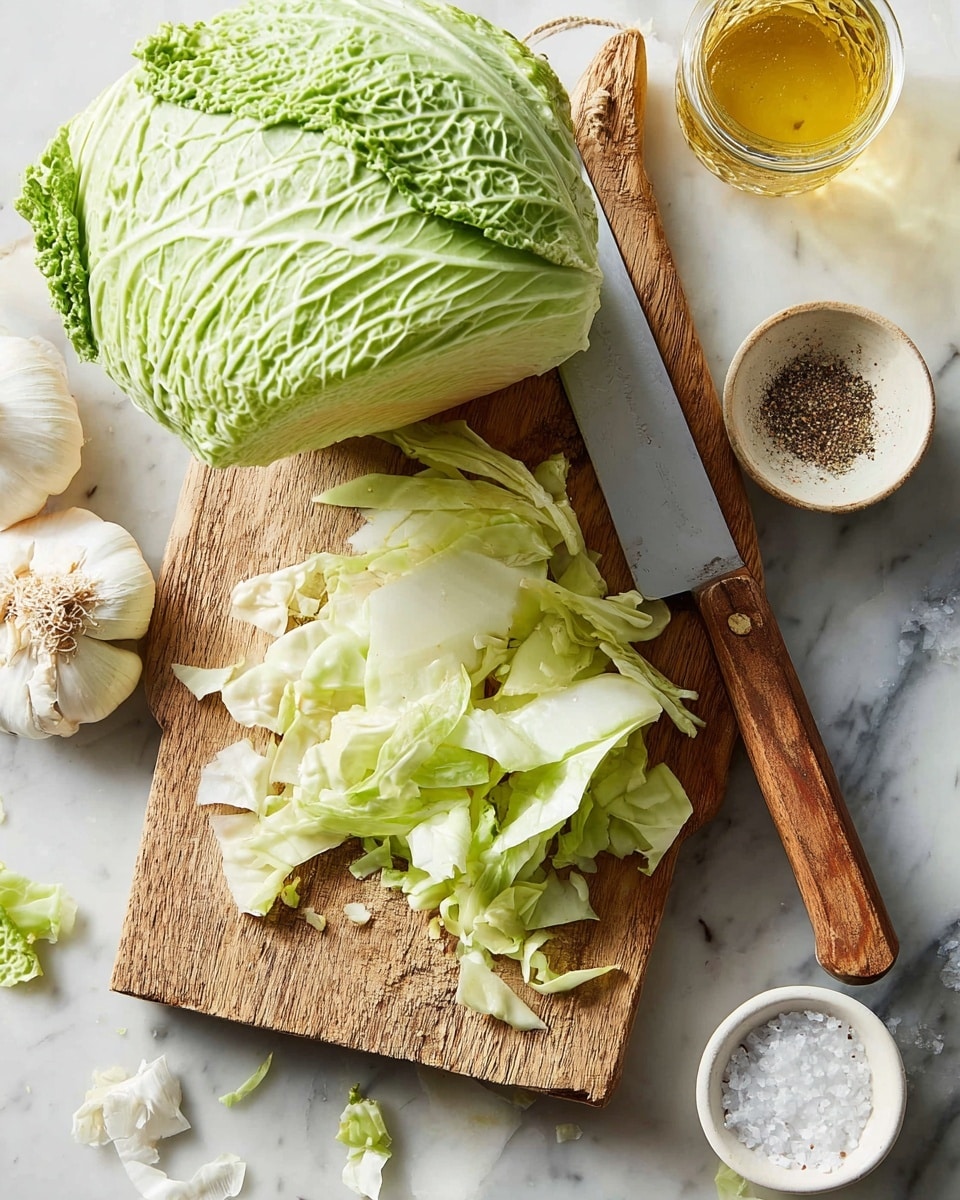 A wooden cutting board is placed on a white marbled surface, holding a half head of light green cabbage with its broad, textured leaves. Thinly sliced cabbage strips, pale green and slightly curled, lie in a pile beside the cabbage. A large knife with a wooden handle rests diagonally on the cutting board, partially under the cabbage and slices. Around the board, there is a small clear glass jar with a golden liquid, a whole white garlic bulb with some skins scattered nearby, and two small white bowls, one filled with coarse salt and the other with ground black pepper. Photo taken with an iphone --ar 4:5 --v 7