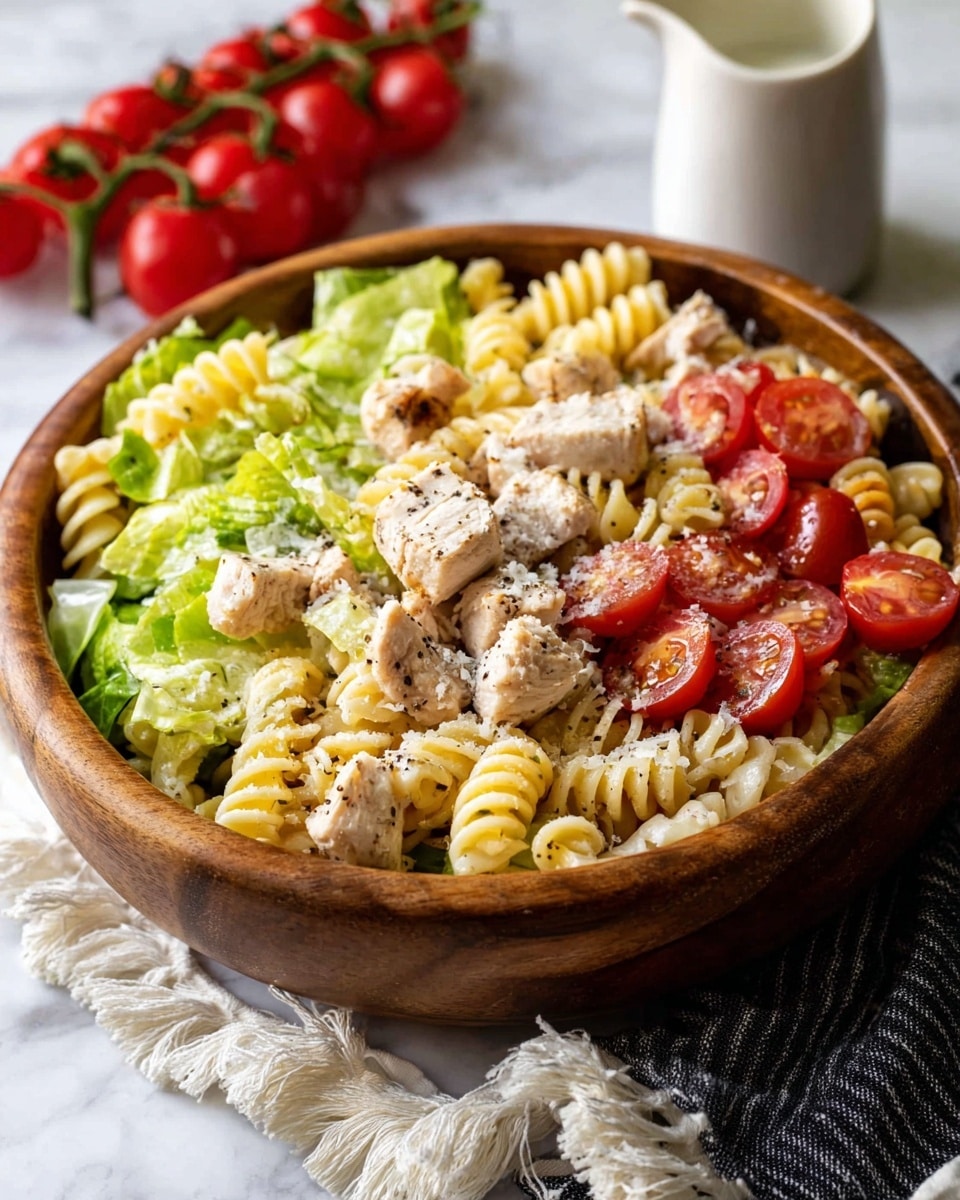 A close-up of a wooden bowl filled with a pasta salad showing four layers: the bottom layer has creamy yellow rotini pasta tangled together, the second layer has bright green lettuce pieces scattered evenly, the third layer is made up of light golden brown cooked chicken chunks and halved red cherry tomatoes with a soft texture placed randomly, and the top layer is sprinkled with finely grated white cheese and black pepper specks. The bowl sits on a white marbled surface with a bunch of red cherry tomatoes on vine placed blurred in the background to the left and a white sauce jug on the right side. A black and white striped cloth with fringes is partially visible at the lower left corner. Photo taken with an iphone --ar 4:5 --v 7