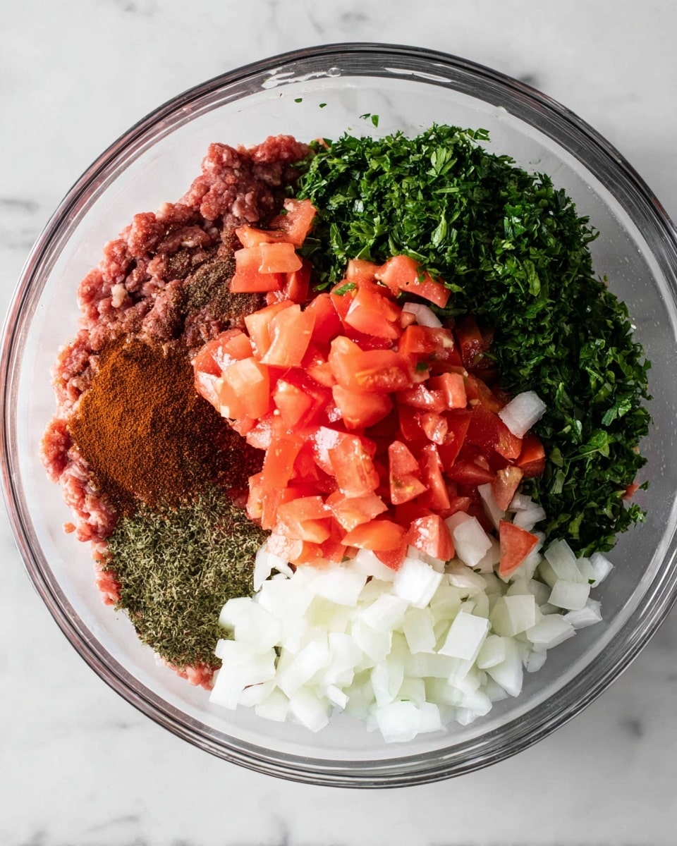 A clear glass bowl sits on a white marble surface, filled with several fresh ingredients separated into distinct sections. At the bottom center is a layer of bright red diced tomatoes, next to a layer of finely chopped white onions on the right. Above the onions is a pile of dark green chopped parsley. On the upper left side, there are two piles of brown spices, with a reddish raw ground meat layer beneath all these ingredients in the center. The colors contrast well with the clear bowl and white marble background, showing a mixture ready to be combined. photo taken with an iphone --ar 4:5 --v 7