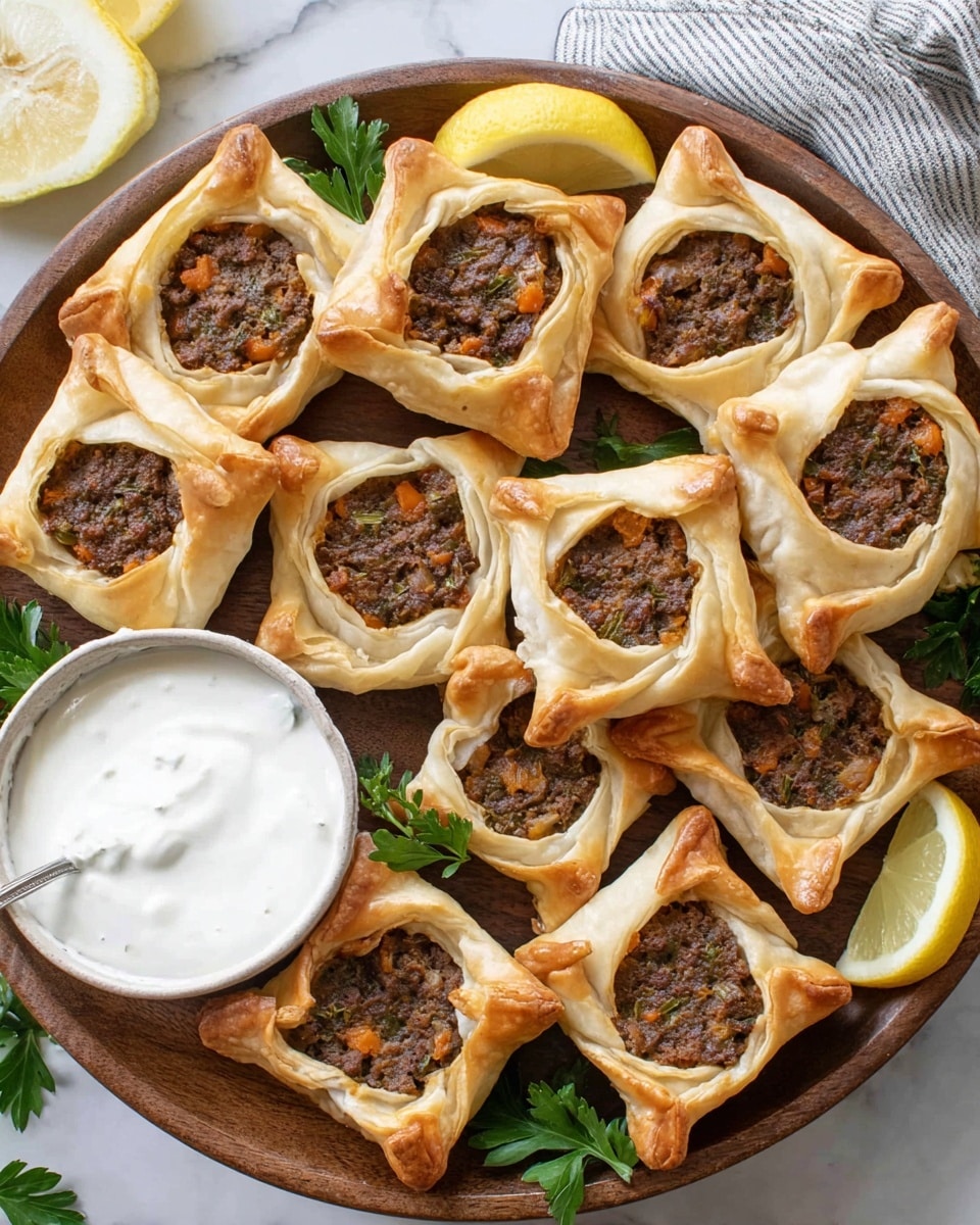 A round wooden plate holds nine small square meat pies arranged close together. Each pie has a thick golden-brown crust folded up at the edges, forming a raised border around a dark brown meat filling mixed with small bits of orange and white vegetables. Around the plate are green parsley leaves and two lemon wedges. On the left side of the plate, there is a small white bowl filled with thick white yogurt sauce, with a silver spoon inside. The scene is set on a white marbled surface with a striped cloth partially visible in the top right corner. photo taken with an iphone --ar 4:5 --v 7