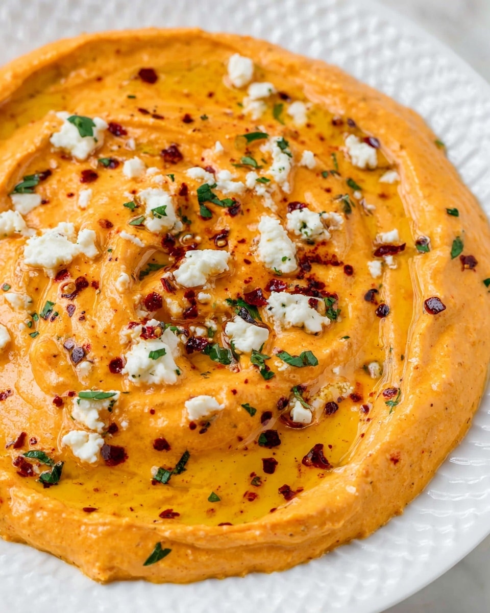 A close-up view of an orange creamy dip spread thickly in a white plate with a textured edge. The dip has a smooth texture with swirls and small air pockets visible. On top, there are small crumbles of white cheese scattered unevenly, along with black and red chili flakes and small chopped green herbs sprinkled across the surface. The dip looks rich and smooth with a vibrant orange color enhanced by the contrasting toppings on top. The plate is placed on a white marbled surface photo taken with an iphone --ar 4:5 --v 7