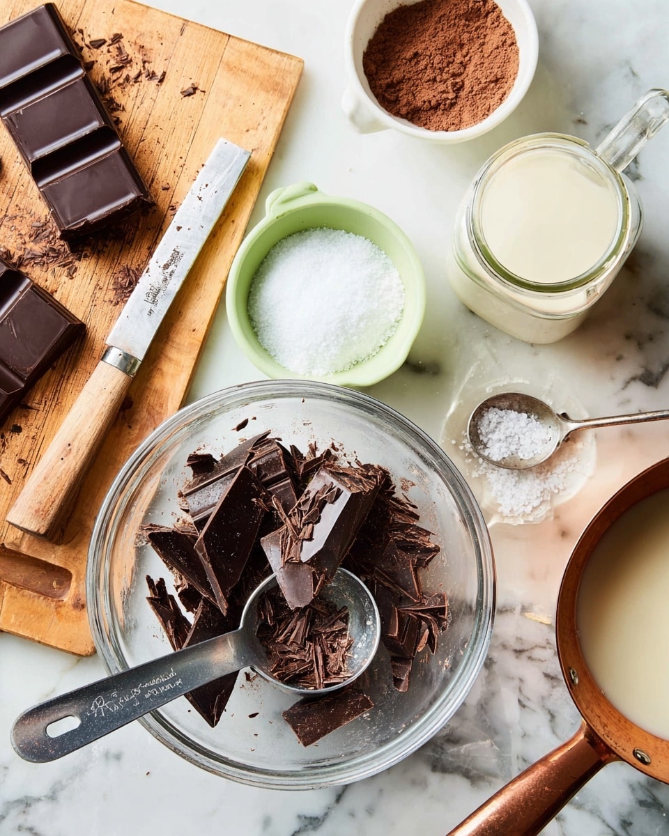 A clear glass bowl holds dark brown broken chocolate pieces with a metal scoop inside, placed on a white marbled surface. To the left, there is a wooden cutting board with a dark chocolate bar and more broken pieces beside a knife with a wooden handle. Above the board, there are measuring cups filled with white granulated sugar and cocoa powder in light green plastic. Next to these, a small white bowl contains coarse salt, with a metal measuring spoon beside it. A clear glass measuring cup contains a creamy white liquid, and a glass jar with a light beige liquid is placed behind it. In the top right corner, a copper pan with a wooden handle is set on the white marbled surface. photo taken with an iphone --ar 4:5 --v 7