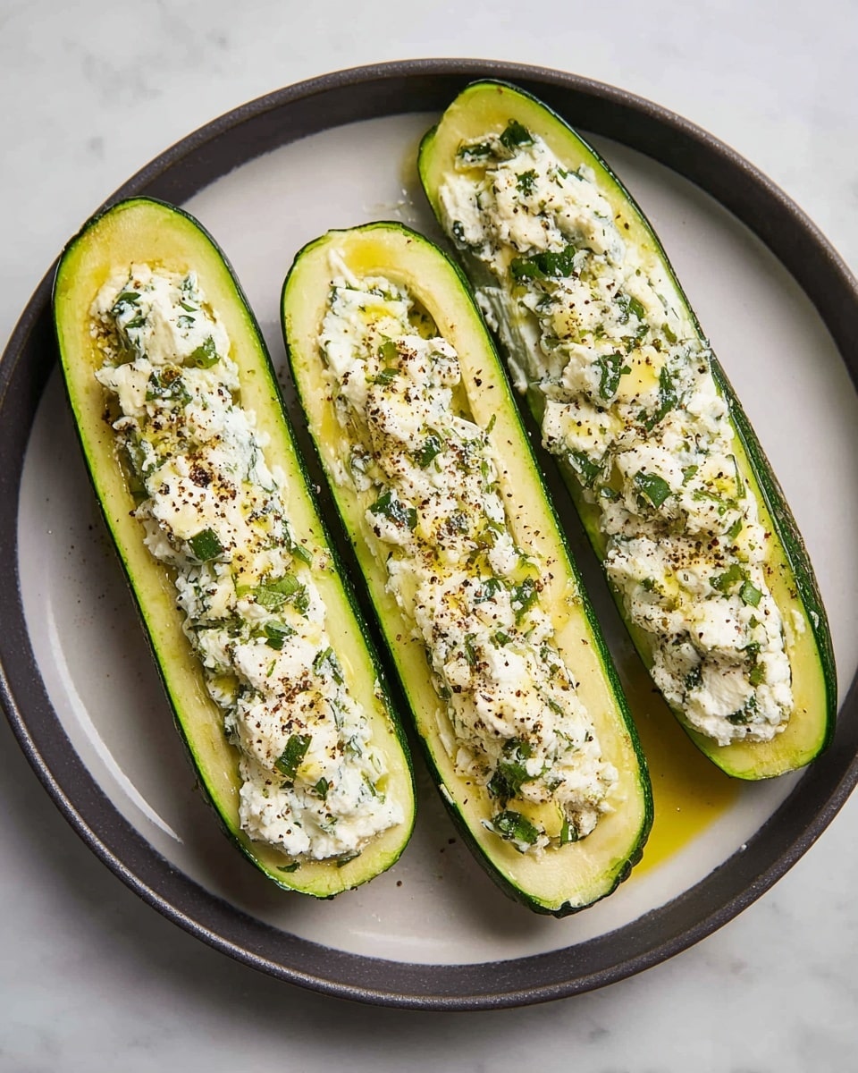 Three zucchini halves are placed side by side on a round white plate. Each zucchini is hollowed out with a rich green skin on the outside and a lighter green inside. The hollow space is filled with a thick layer of white, creamy cheese mixed with small green herb bits, topped with a light drizzle of yellow olive oil and a sprinkle of black pepper. The plate sits on a white marbled surface. photo taken with an iphone --ar 4:5 --v 7