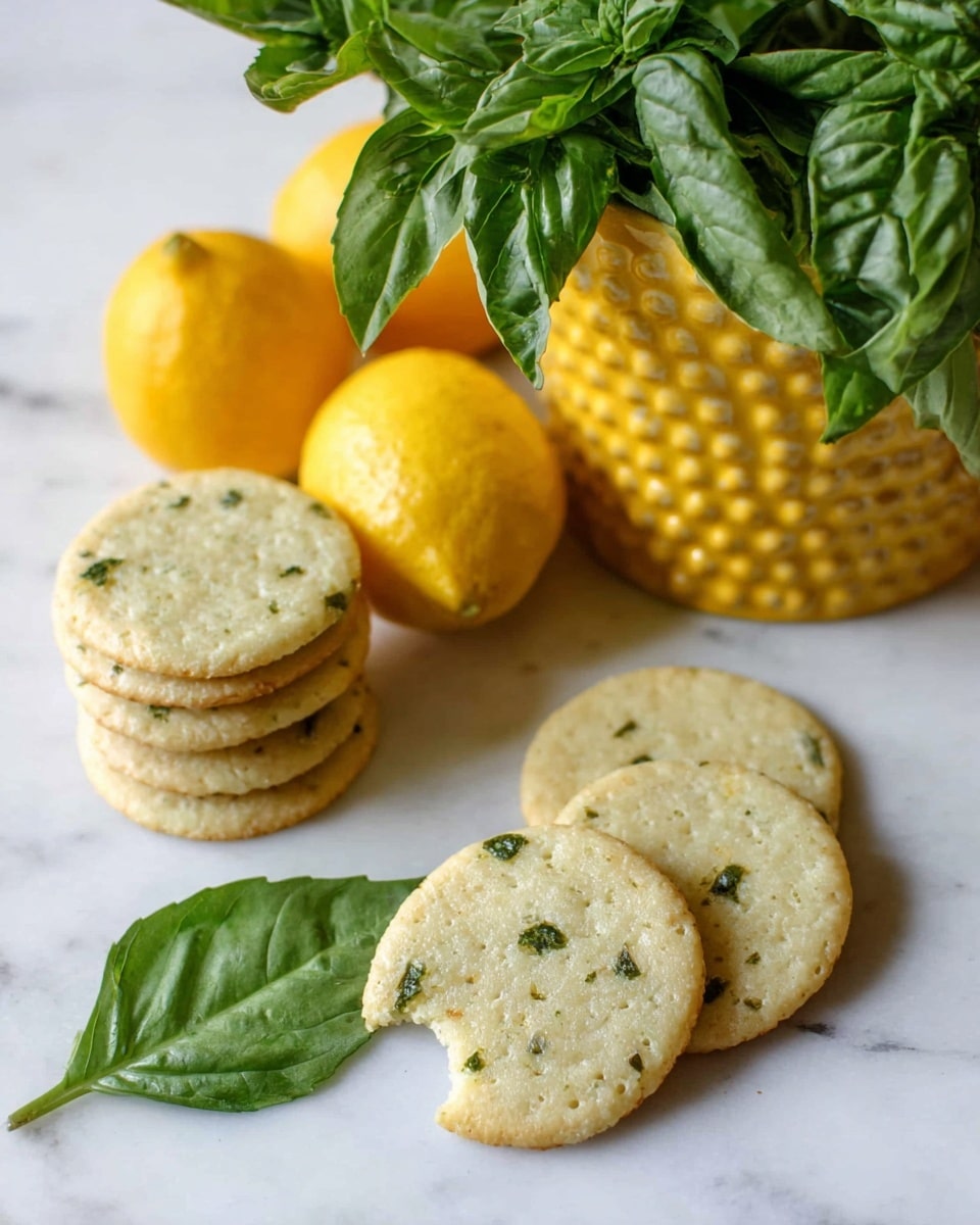 Several round, pale green crackers with small green flecks and a slightly rough texture are scattered on a white marbled surface. One cracker in the front has a small bite taken out of it. A green basil leaf is laying next to a small stack of four crackers towards the left side of the image. Behind the crackers, a bunch of fresh green basil leaves spills out of a yellow pot with a dotted texture. Three whole yellow lemons are also placed around the pot and crackers, contrasting with the green and pale colors. Photo taken with an iphone --ar 4:5 --v 7