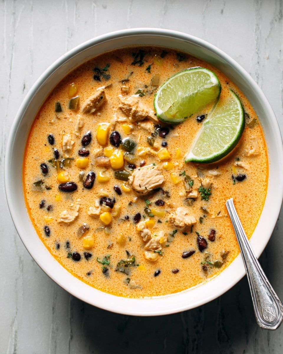 A white bowl filled with a creamy orange soup that has small pieces of chicken, black beans, yellow corn, and green vegetable chunks mixed evenly throughout. On top, there are two lime wedges placed next to each other. A silver spoon rests inside the bowl on the right side. The bowl is set on a white marbled surface. Photo taken with an iphone --ar 4:5 --v 7