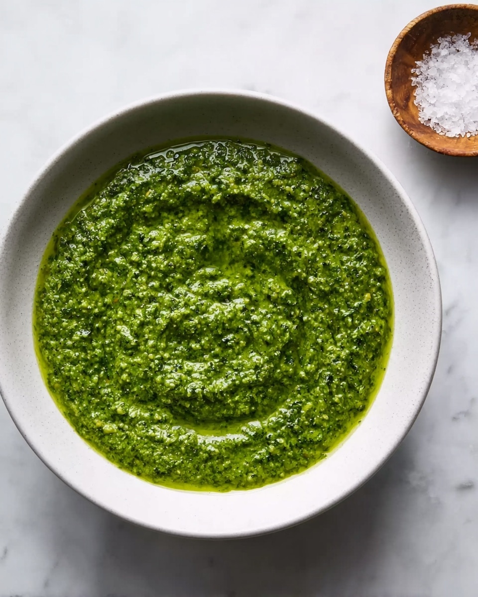 A white bowl filled with a thick, textured green sauce made of blended herbs or vegetables, showing small bits giving it a coarse look. The sauce has a slight shine with a swirl pattern in the middle, indicating it was recently stirred. The bowl rests on a white marbled surface, and a small round container filled with coarse salt is placed nearby. The scene is simple and clean, focusing on the vibrant green color and texture of the sauce. photo taken with an iphone --ar 4:5 --v 7