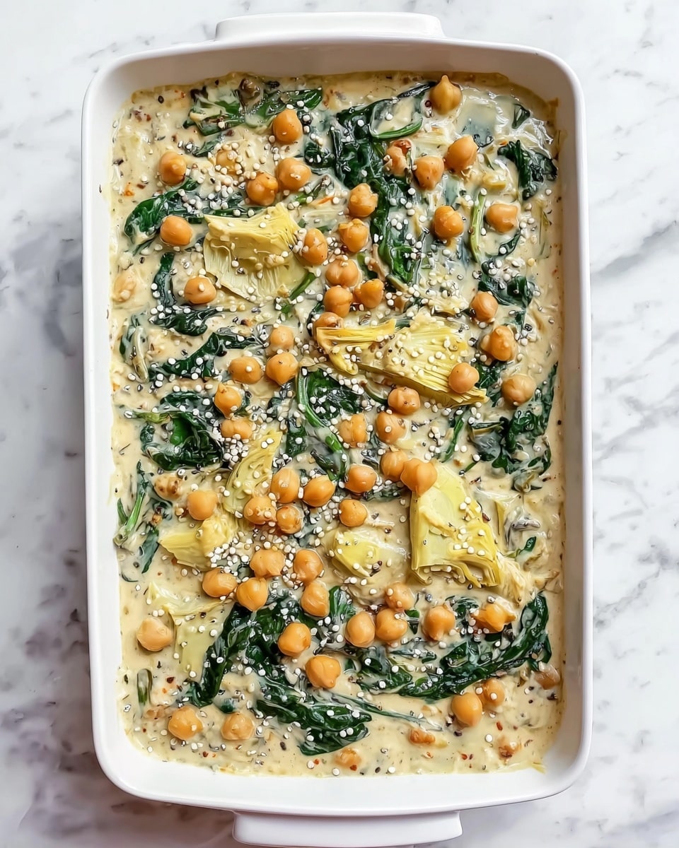 A white rectangular dish filled with a creamy mixture made of three main layers: a light beige creamy base with visible specks, scattered chickpeas that have a soft orange tone evenly spread throughout, and dark green spinach leaves contrasting against the creaminess, along with pale yellow artichoke pieces mixed in. The top of the dish is sprinkled with small white quinoa seeds adding texture to the smooth surface. The dish sits on a white marbled surface. photo taken with an iphone --ar 4:5 --v 7