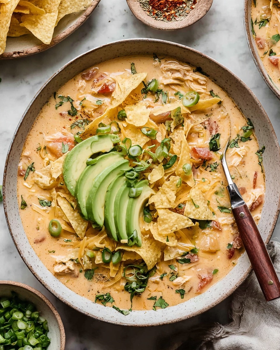 The image shows a deep bowl of creamy beige soup with visible chunks of tomato and chicken, topped with several layers including light yellow shredded cheese, broken golden tortilla chips, fresh bright green avocado slices arranged in a fan shape, and small pieces of green scallions and chopped herbs scattered over the top. The bowl sits on a white marbled surface with some tortilla chips in the corner and small dishes with chopped herbs and spices nearby. A metal spoon with a wooden handle rests inside the bowl. The overall look is colorful and fresh, with smooth, chunky, and crunchy textures combined. photo taken with an iphone --ar 4:5 --v 7
