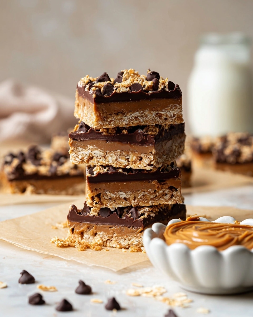 The image shows a stack of four layered bars placed on a white marbled surface with parchment paper underneath. Each bar has three clear layers: a bottom layer made of oats with a rough, light golden texture, a middle layer of smooth dark brown chocolate, and a top layer of crumbly oat mixture mixed with scattered dark chocolate chips. Near the stack, there are some loose chocolate chips and oat crumbs on the parchment paper. In the foreground, a white scalloped bowl contains a swirl of light brown peanut butter. The overall scene is softly lit with a blurred white jar in the background. Photo taken with an iphone --ar 4:5 --v 7