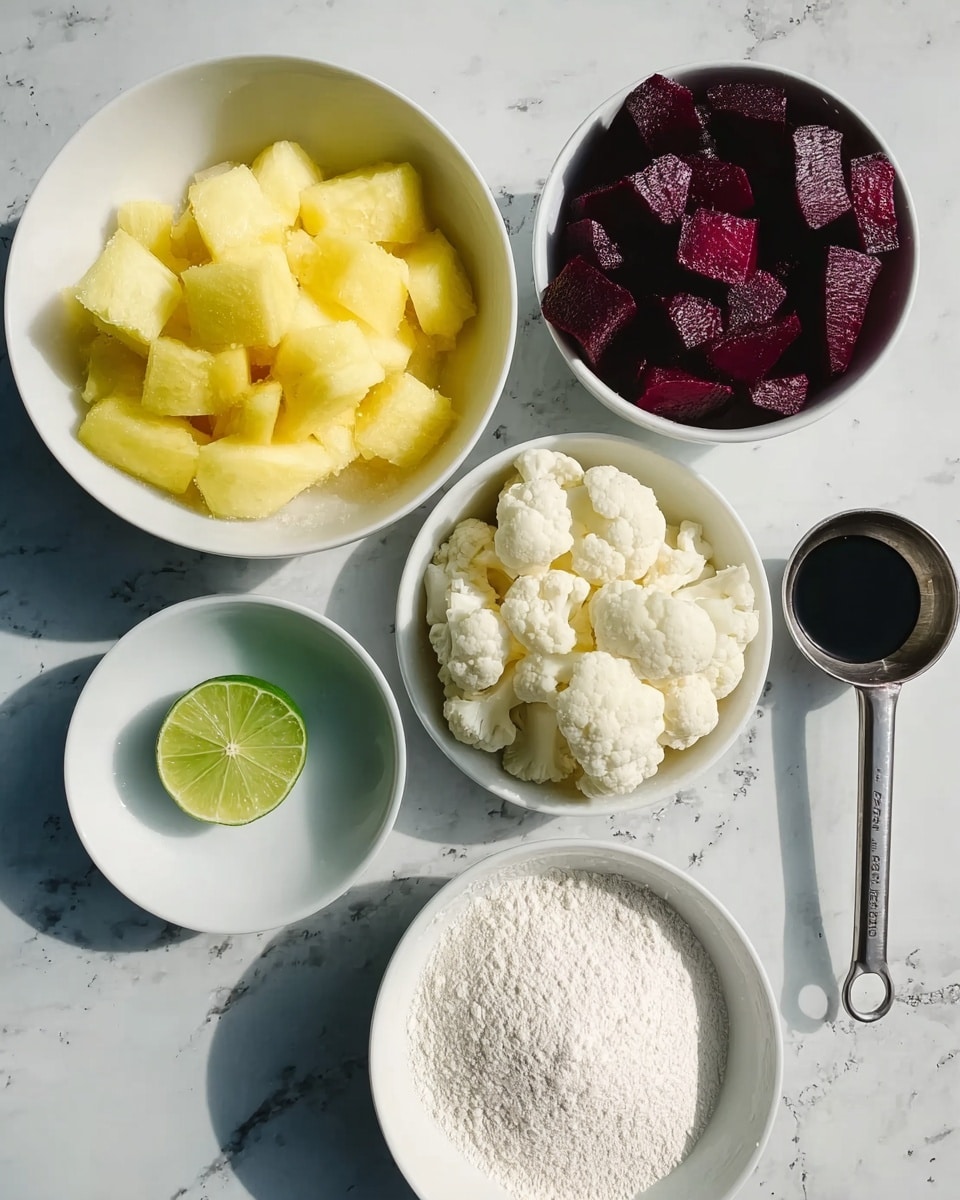 The image shows five white bowls and a measuring spoon arranged on a white marbled surface. In the top left, a white bowl is filled with light yellow frozen mango chunks. To its right, a smaller white bowl contains white frozen cauliflower florets. Below that, another white bowl holds dark red diced beets. At the bottom left, there is a half lime showing its green interior. Next to the lime, a white bowl contains a mound of fine white powder. To the right of the powder, a metal measuring spoon holds a small amount of dark liquid. An empty white bowl is positioned between the mango and lime. The scene is brightly lit, with soft shadows. Photo taken with an iphone --ar 4:5 --v 7