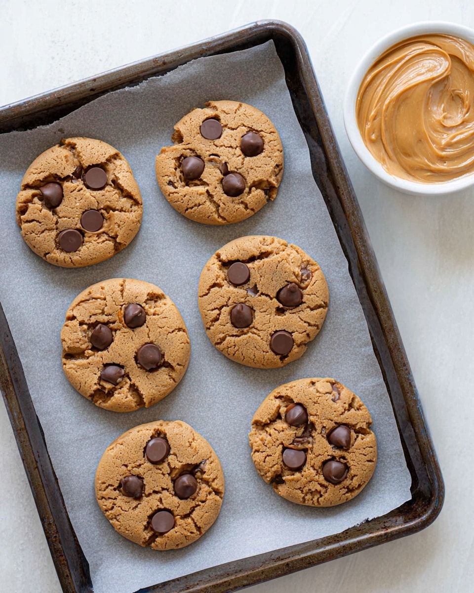 The image shows six round peanut butter cookies with chocolate chips on a single layer of parchment paper inside a dark baking tray. The cookies have a light brown, cracked texture with dark brown chocolate chips visible on top. To the right side of the tray, there is a white bowl filled with smooth, creamy peanut butter, presented on a white marbled surface. The cookie shapes are thick and slightly rough, giving a homemade look. Photo taken with an iphone --ar 4:5 --v 7