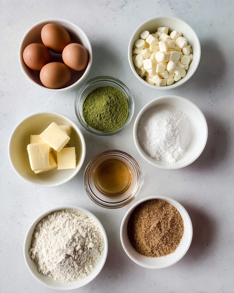 Nine small white bowls are arranged on a white marbled surface. The top row has three bowls: one with three brown eggs, a second with white chocolate chips, and a third with a small amount of white powder. The middle row has three bowls: one with yellow butter slices, a small glass bowl with green matcha powder, and a glass bowl with light brown liquid. The bottom row has three bowls as well: one with white granulated sugar, a second with white flour, and a third with brown sugar. The bowls are evenly spaced and the colors and textures of the ingredients contrast against the smooth white bowls and marble background. Photo taken with an iphone --ar 4:5 --v 7