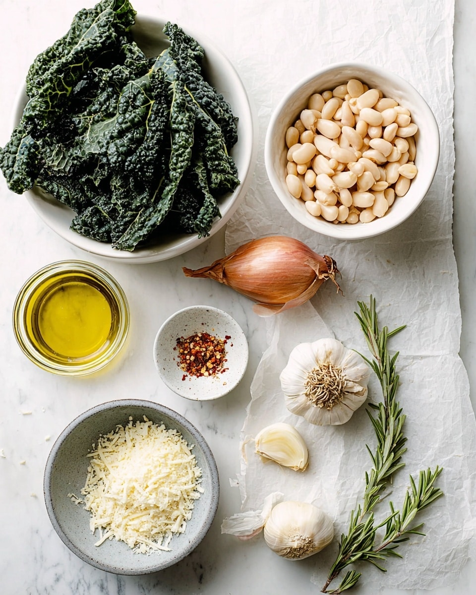 The image shows a top view of various ingredients arranged on a white marbled surface. On the top left is a white bowl filled with dark green, curly leafy kale. To the right, a white bowl contains light beige white beans. Below the kale bowl is a halved shallot with reddish skin and a small white bowl with red pepper flakes. Next to these, a clear glass jar holds golden olive oil, with a small round grey bowl below it filled with finely grated pale cheese. At the bottom left, a small grey bowl contains soft white cheese. Near the bottom right are two whole garlic bulbs, one clove separated, and a small sprig of rosemary. The setup is clean and simple, with all ingredients clearly visible, photo taken with an iphone --ar 4:5 --v 7