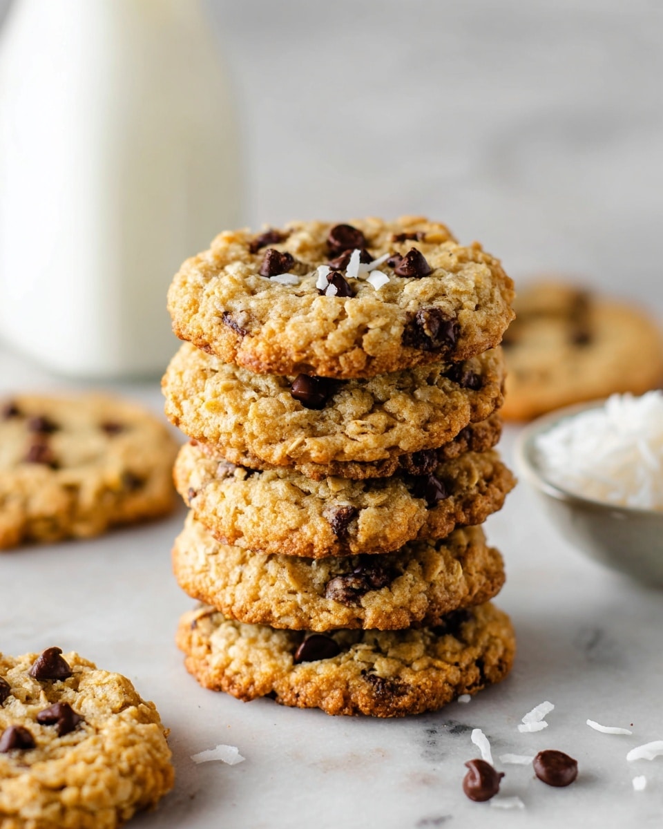 A stack of five golden-brown cookies with chocolate chips and visible oat flakes is placed on a white marbled surface, with three more cookies scattered around the base. The cookies have a rough, crumbly texture and chocolate chips slightly melted into the surface. To the right, there is a small white bowl filled with shredded coconut, and in the back left, a blurred tall glass bottle of milk stands. The scene has soft natural lighting with a close-up focus on the stack of cookies, showing their layers and texture clearly. Photo taken with an iphone --ar 4:5 --v 7
