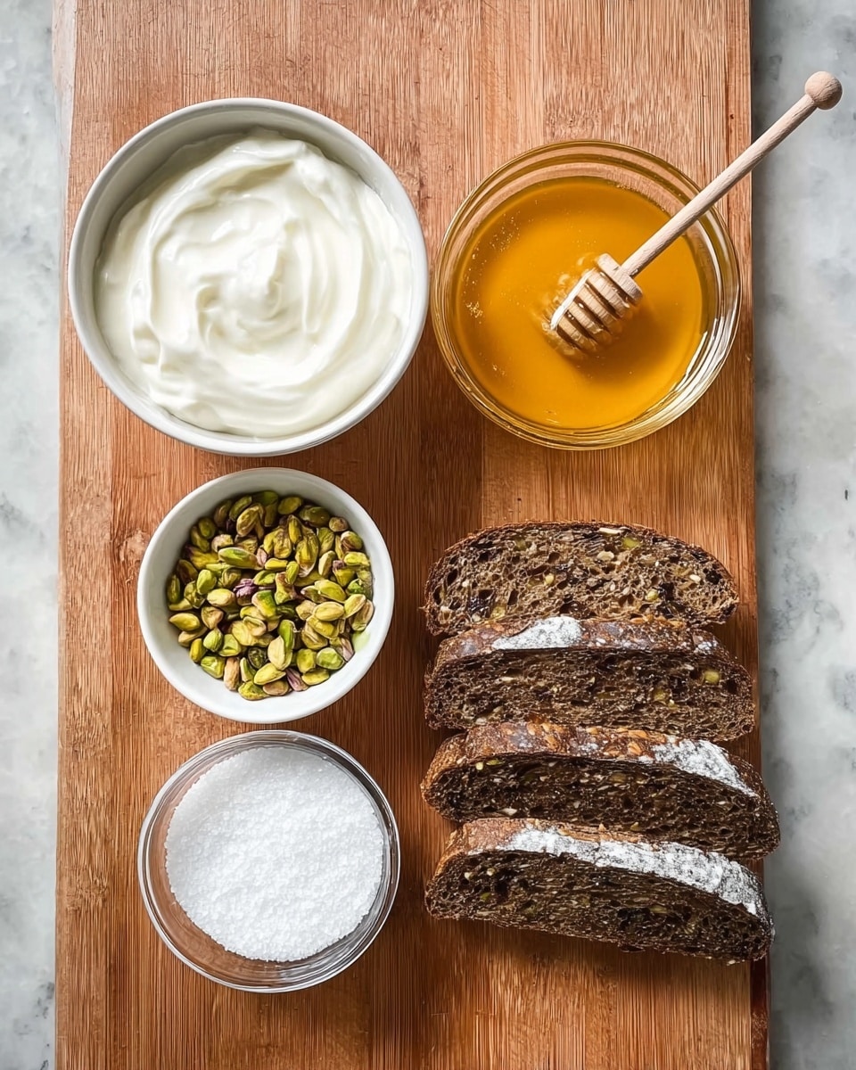 The image shows five items arranged neatly on a wooden surface: on the top left is a white bowl filled with creamy white yogurt with a smooth texture; below it is a small clear bowl of golden honey with a wooden honey dipper resting inside; next to the honey is a white bowl holding green pistachio nuts; below the pistachios is a clear bowl filled with coarse white salt; and on the right side of the bowls are five slices of dark, seeded bread stacked slightly overlapping in a neat row. The background is a white marbled surface. photo taken with an iphone --ar 4:5 --v 7